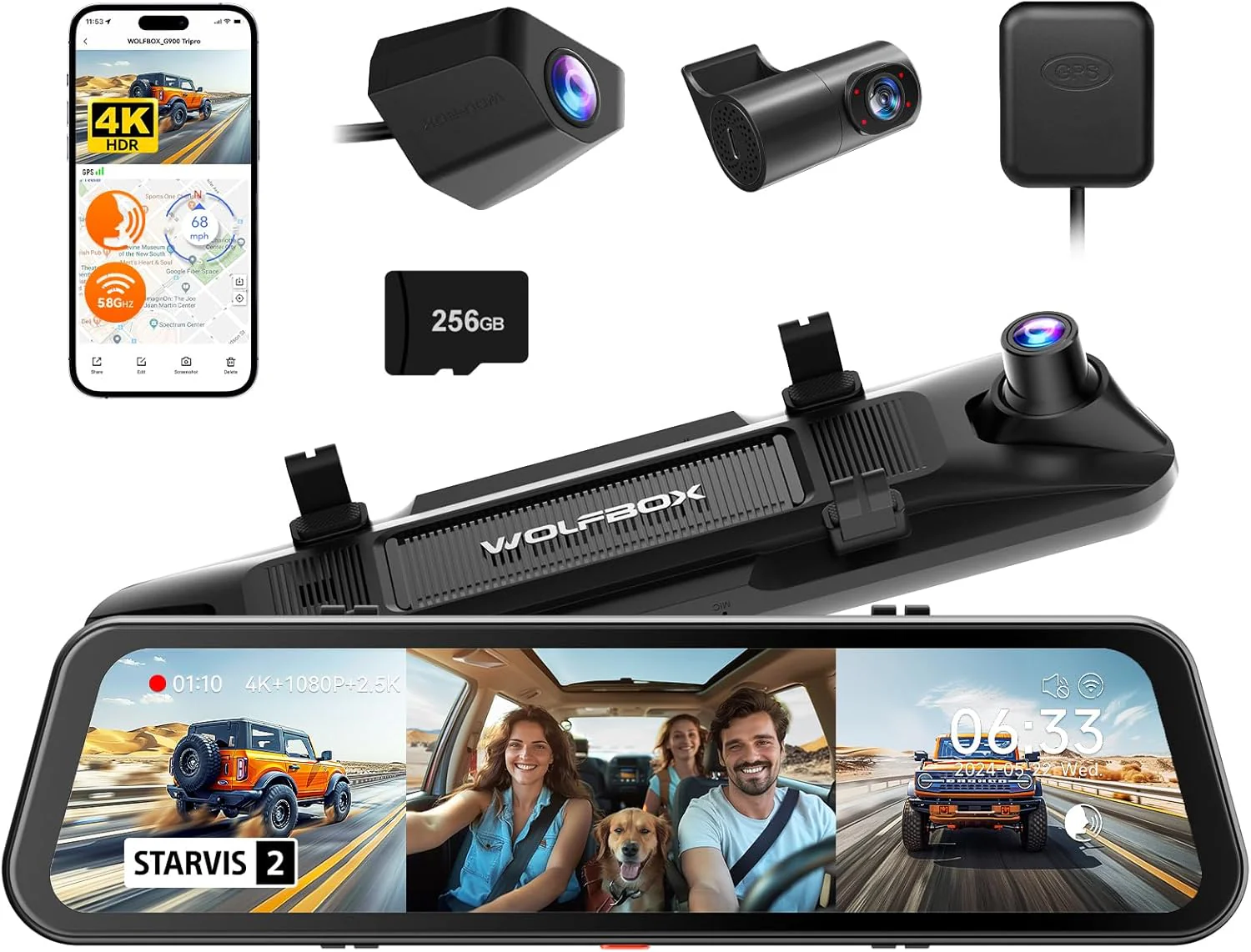 Image of WOLFBOX G900 Tripro Cabin Version 3 Channel 4K Rear View Mirror Camera, STARVIS 2 IMX678 Night Vision,4K+1080P+2.5K Front Inside and Rear Mirror Dash Cam,5.8GHz WiFi,Voice Control,Includes 256GB Card