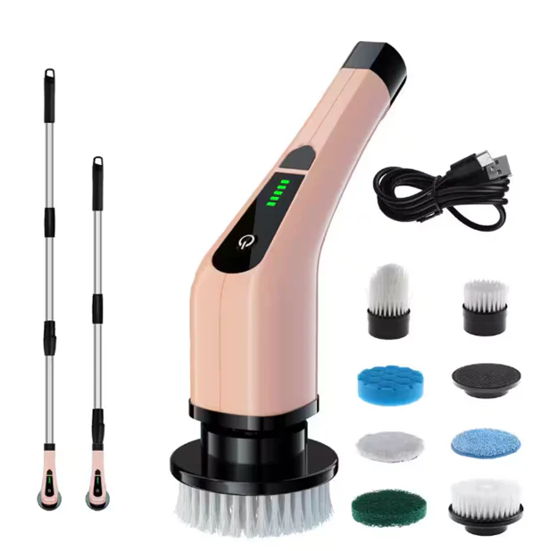 Image of Cordless Portable Carpet Cleaners, Power Scrubber, 2-Speeds, 7-Brush Heads, Long Handle for Bathroom, Tub, Rose Gold