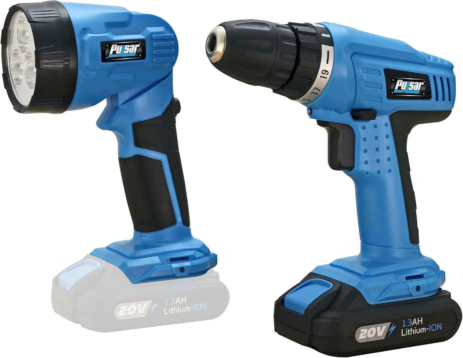 Image of Pulsar 20V Cordless 1.3Ah Lithium-Ion Drill/Driver & Work Light Kit, Featuring A 19+1 Torque Setting Drill, an Adjustable & Freestanding LED Work Light (Kit Includes Battery & Charger), PT25LK