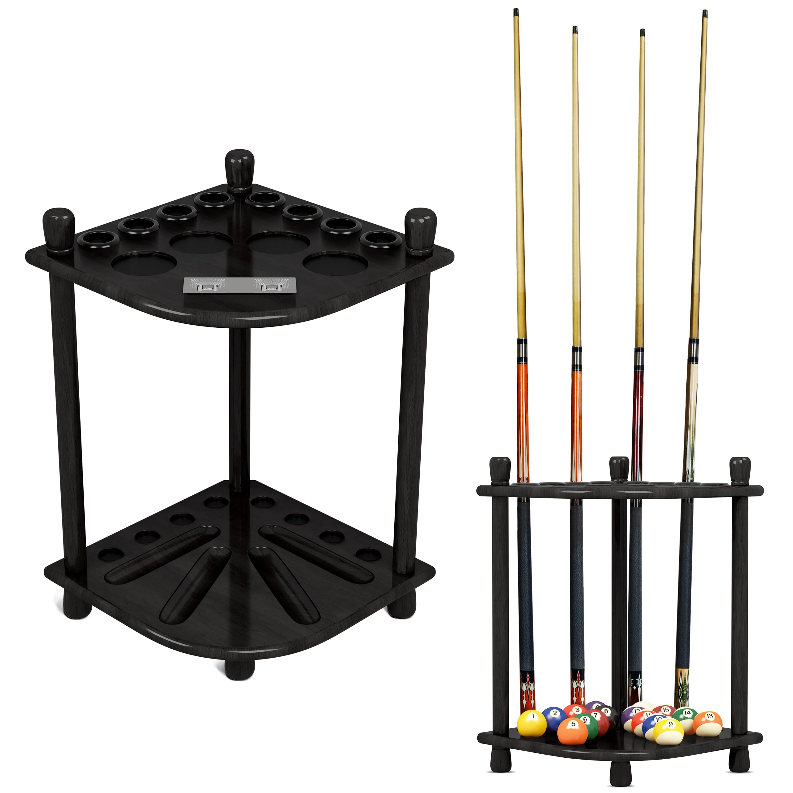 Image of ISZY Billiards Pool Stick Holder Wood Stand, Holds 8 Billiard Sticks, a Full Set of Balls & Includes 4 Score Counters