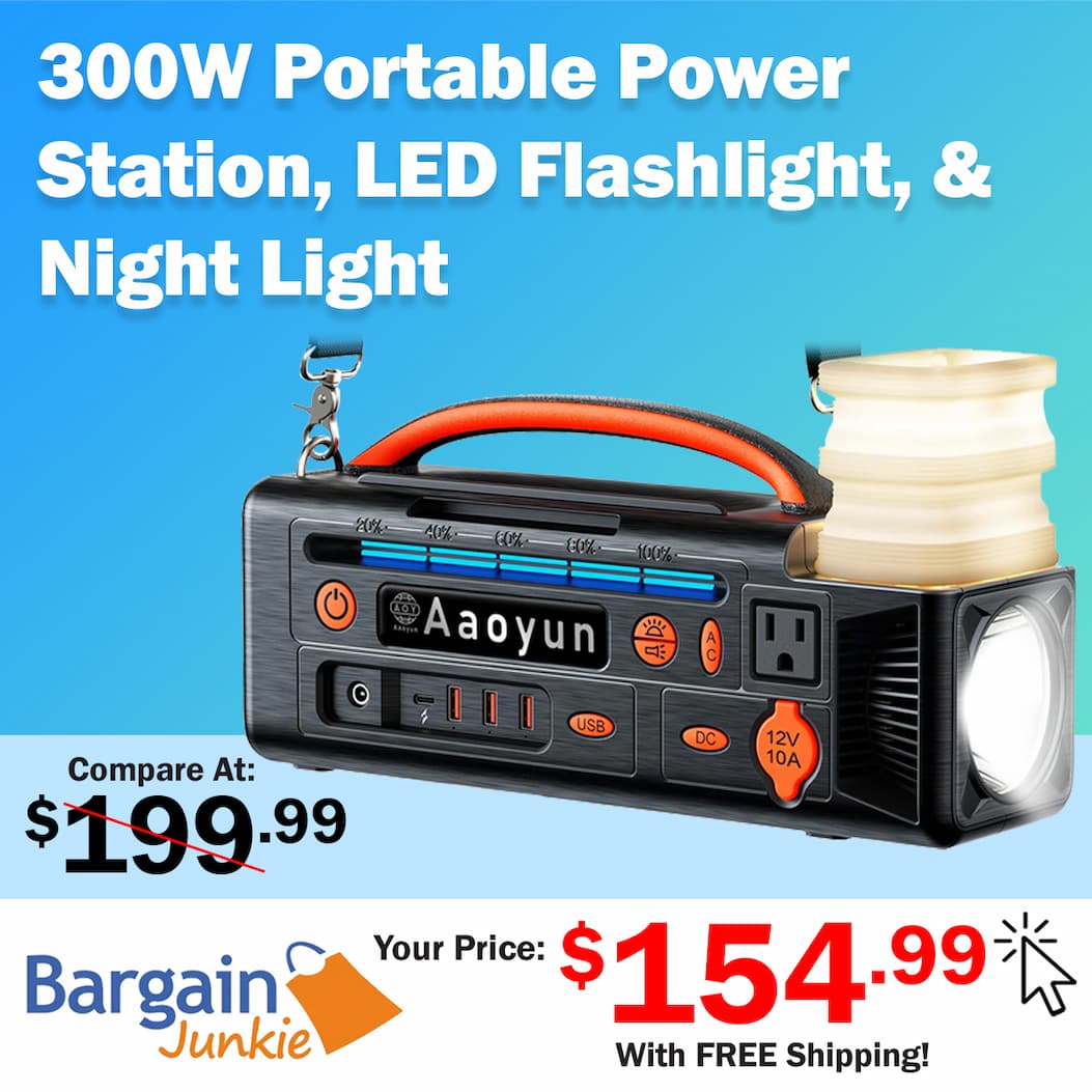 https://www.bargainjunkie.com/products/portable-power-station-300w-296wh-solar-generator-with-100w-usb-c-in-output-night-light-led-flashlight-compact-camping-battery-with-strap-for-outdoor-cpap-home-backup-emergency