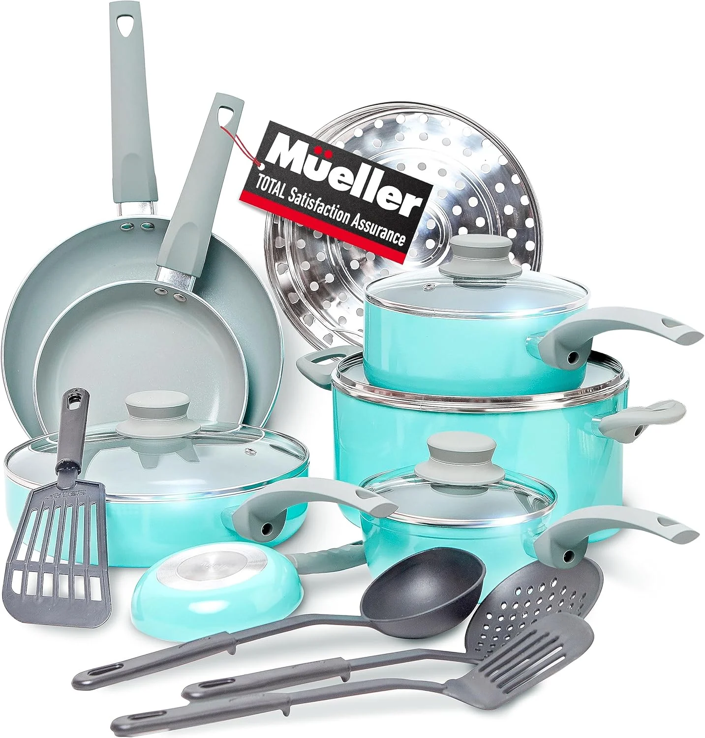 Image of Mueller 16-Piece Non-Stick Stone Cookware Set with Steamer and Glass Lids, Turquoise