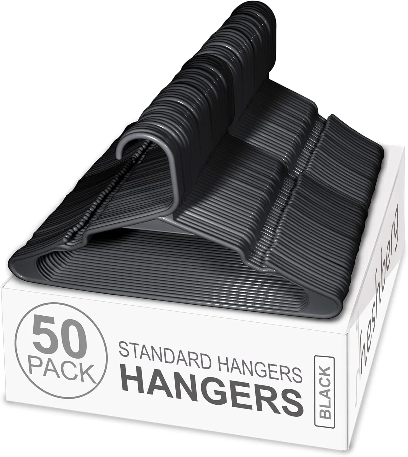 Image of Heshberg Plastic Notched Hangers Space Saving Tubular Clothes Hangers Standard Size Ideal for Everyday Use on Shirts, Coats, Pants, Dress, Skirts, Etc. (50, Black)
