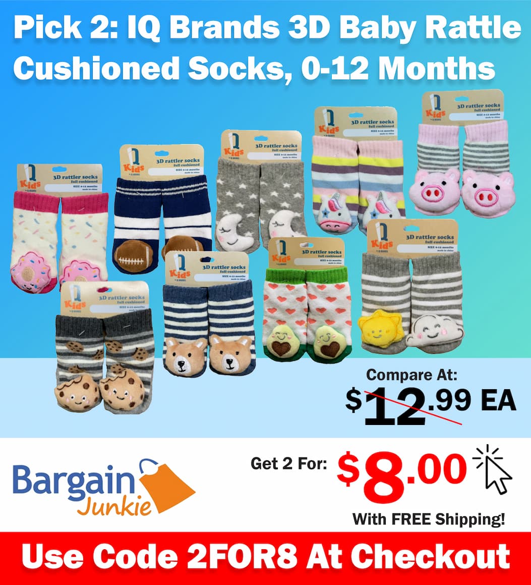 https://www.bargainjunkie.com/discount/2for8?redirect=%2Fproducts%2Fiq-brands-3d-baby-rattle-socks-full-cushioned-0-12-months