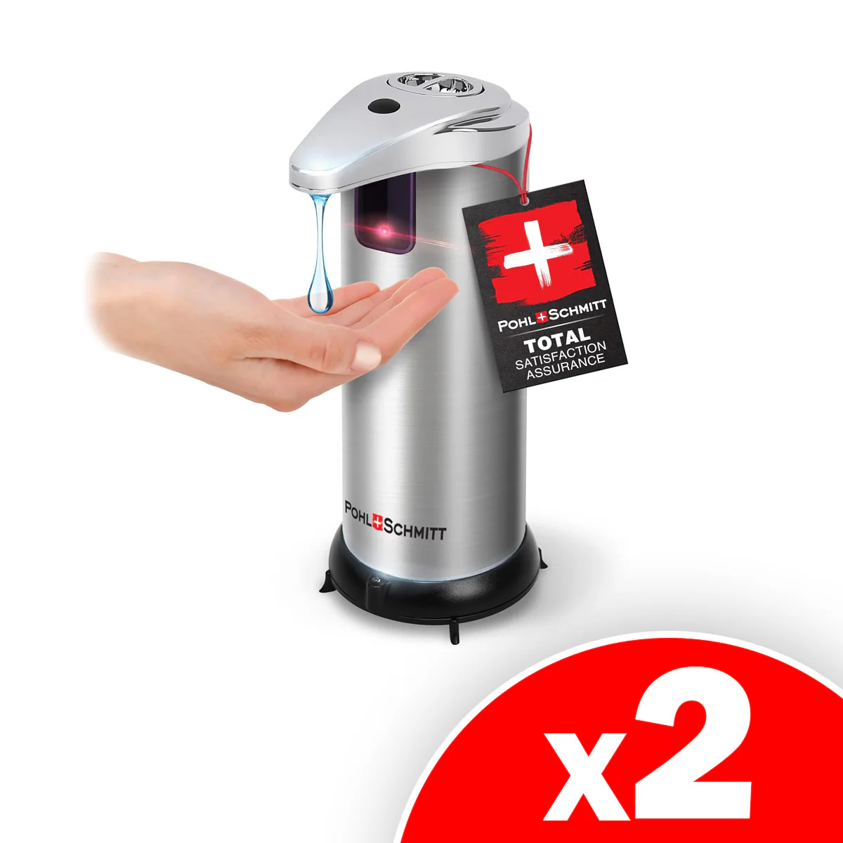 Image of POHL SCHMITT Premium Automatic Soap Dispenser Touchless Battery Operated, 3 Adjustment Levels, Waterproof and Leakproof, Stainless Steel, 2 Pack