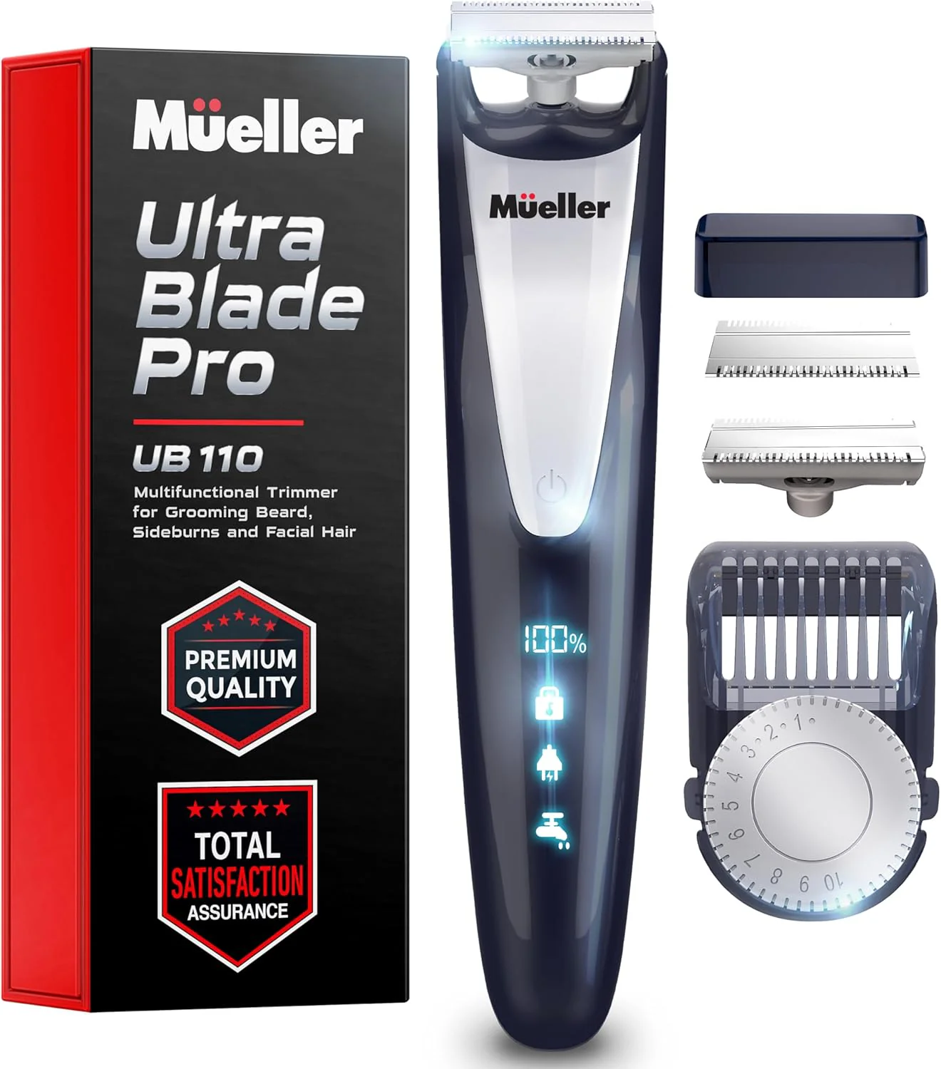 Image of Mueller Pro Grooming UltraOneBlade Trimmer for Men - Beard and Mustache - Electric Razor Cordless, Waterproof Adjustable Hair Length, and Battery Indicator for Precision Grooming
