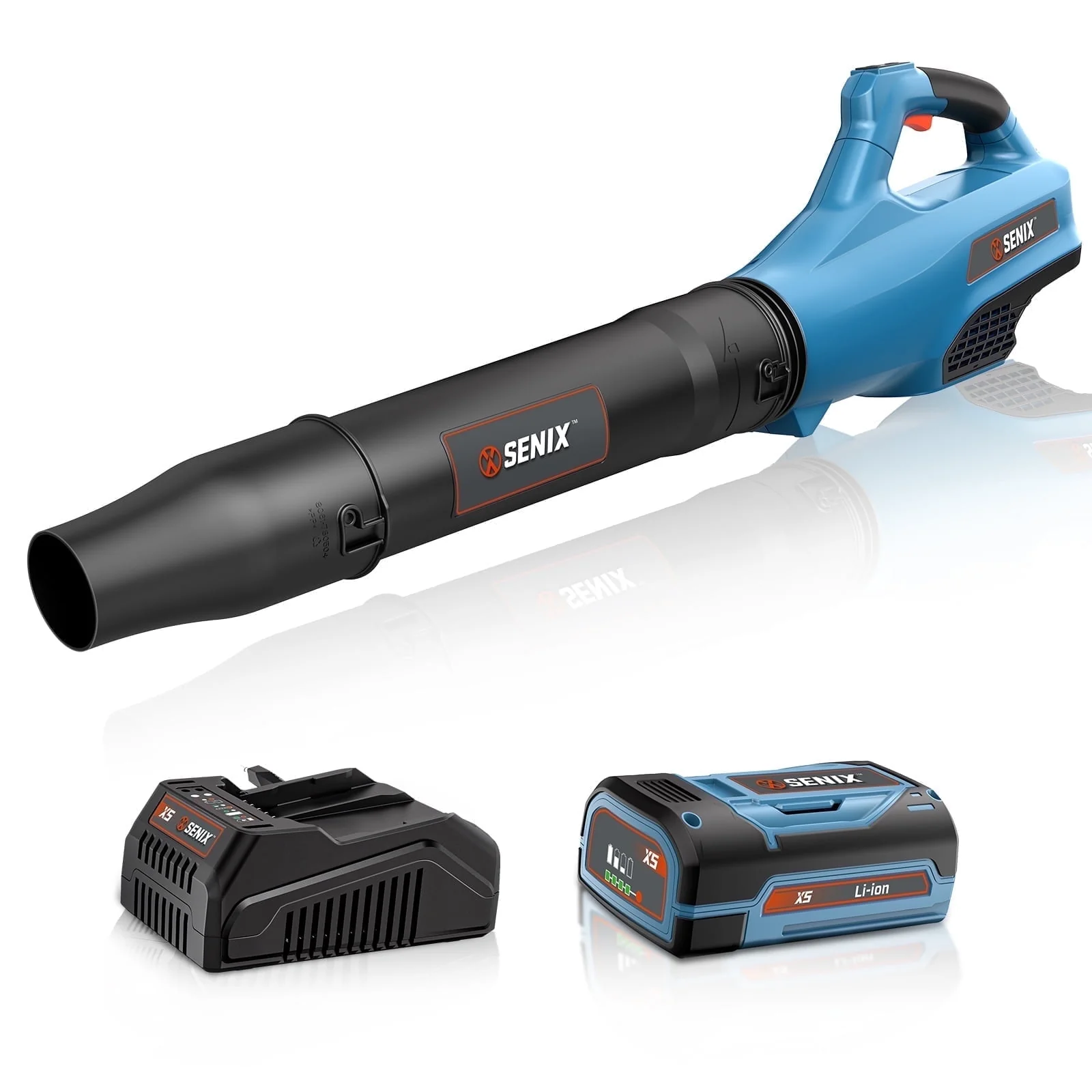 Image of SENIX 58 Volt Max* Cordless Brushless Battery Leaf Blower, Variable Speed, Lightweight, Up to 480CFM and 120 MPH, (Battery and Charger Included) BLAX5-M