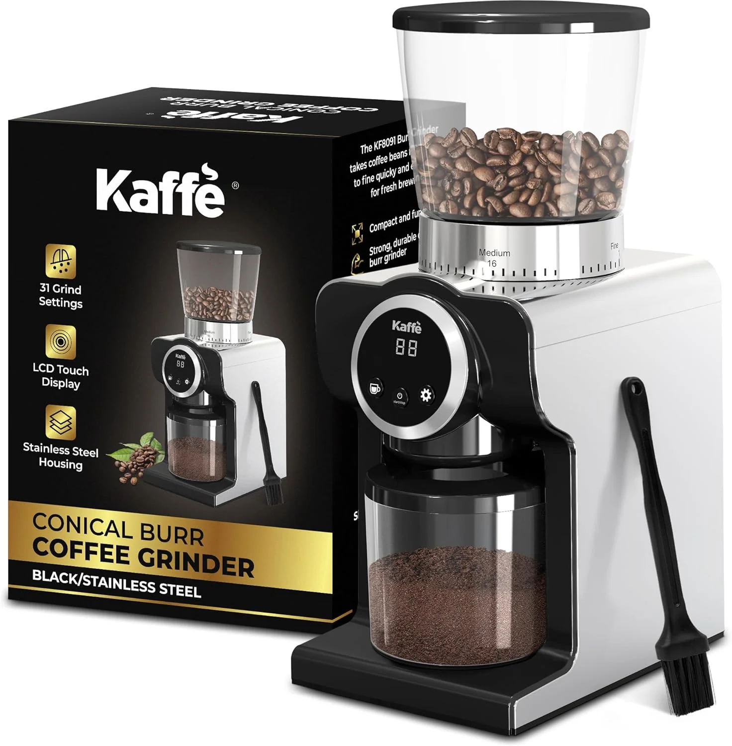 Image of Kaffe Electric Burr Coffee Grinder (9oz) w/ 31 Adjustable Coarseness Settings - Conical Burr - [New Touch Screen w/Timer & Cup Selector] - Precision Coffee Bean Grinder for Home Use - Stainless Steel