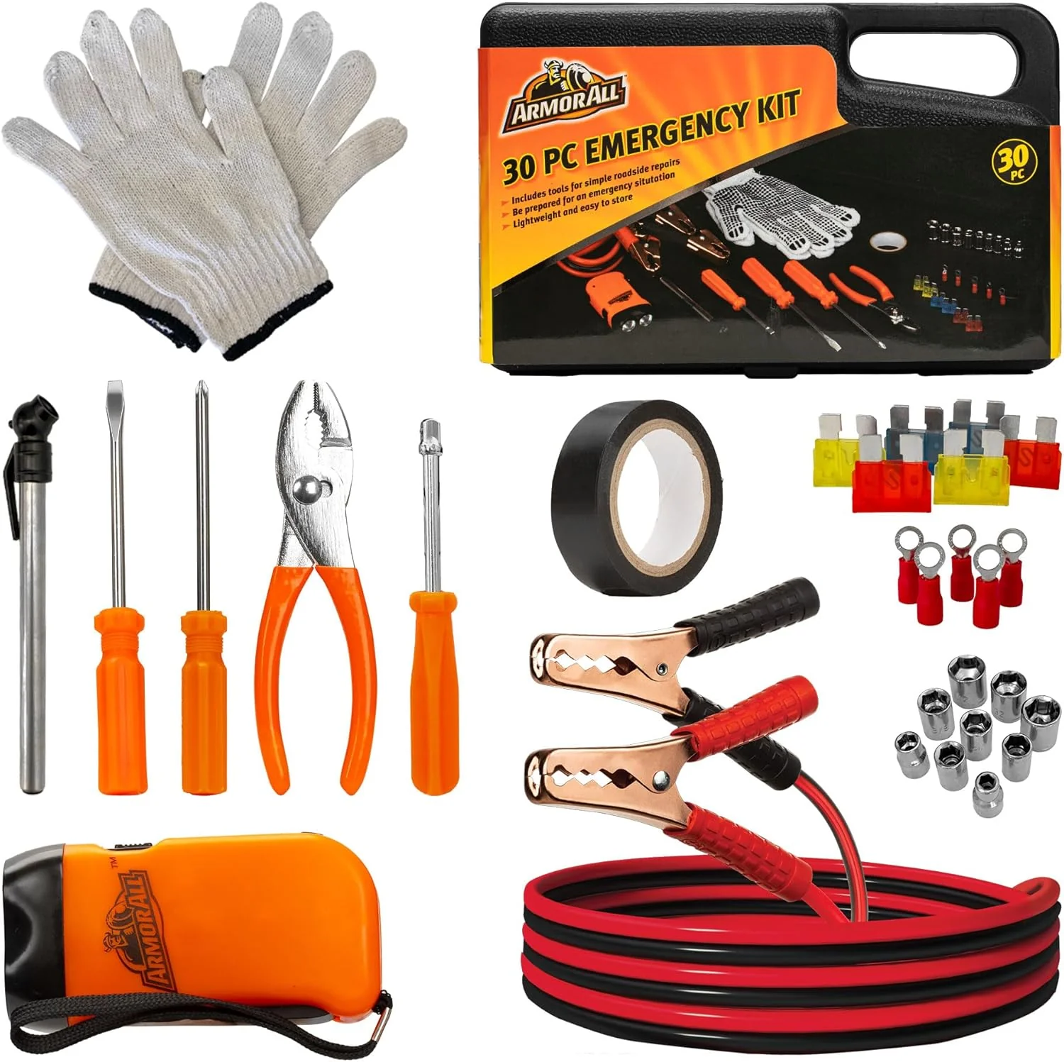 Image of Armor All 30pc Roadside Emergency Kit - Gloves, Tools, Flashlight, Car Fuses, Tape, Socket Heads, 12G Jumper Cables & Carrying Case - Roadside Emergency Kit, Travel Essential