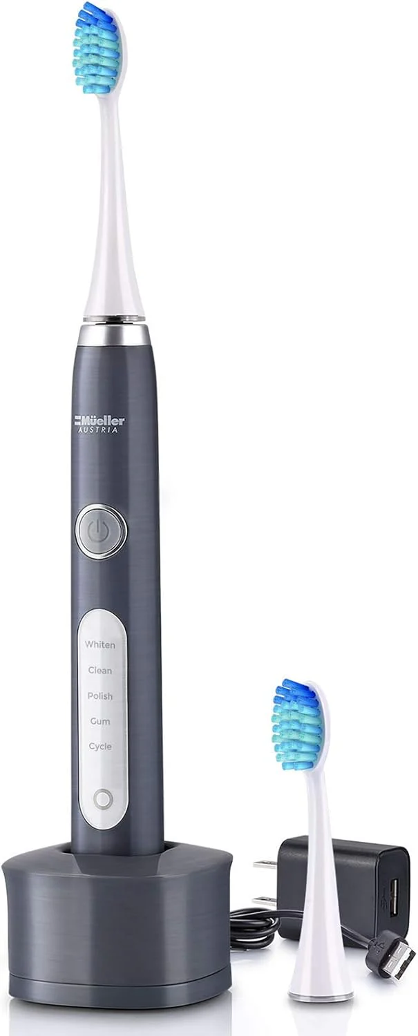 Image of Mueller Sonic Rechargeable Electric Toothbrush with CrossClean Technology, 5 Modes, IPX7 Fully Waterproof, Built-in Auto Timer, 3D Cleaning Action, Grey