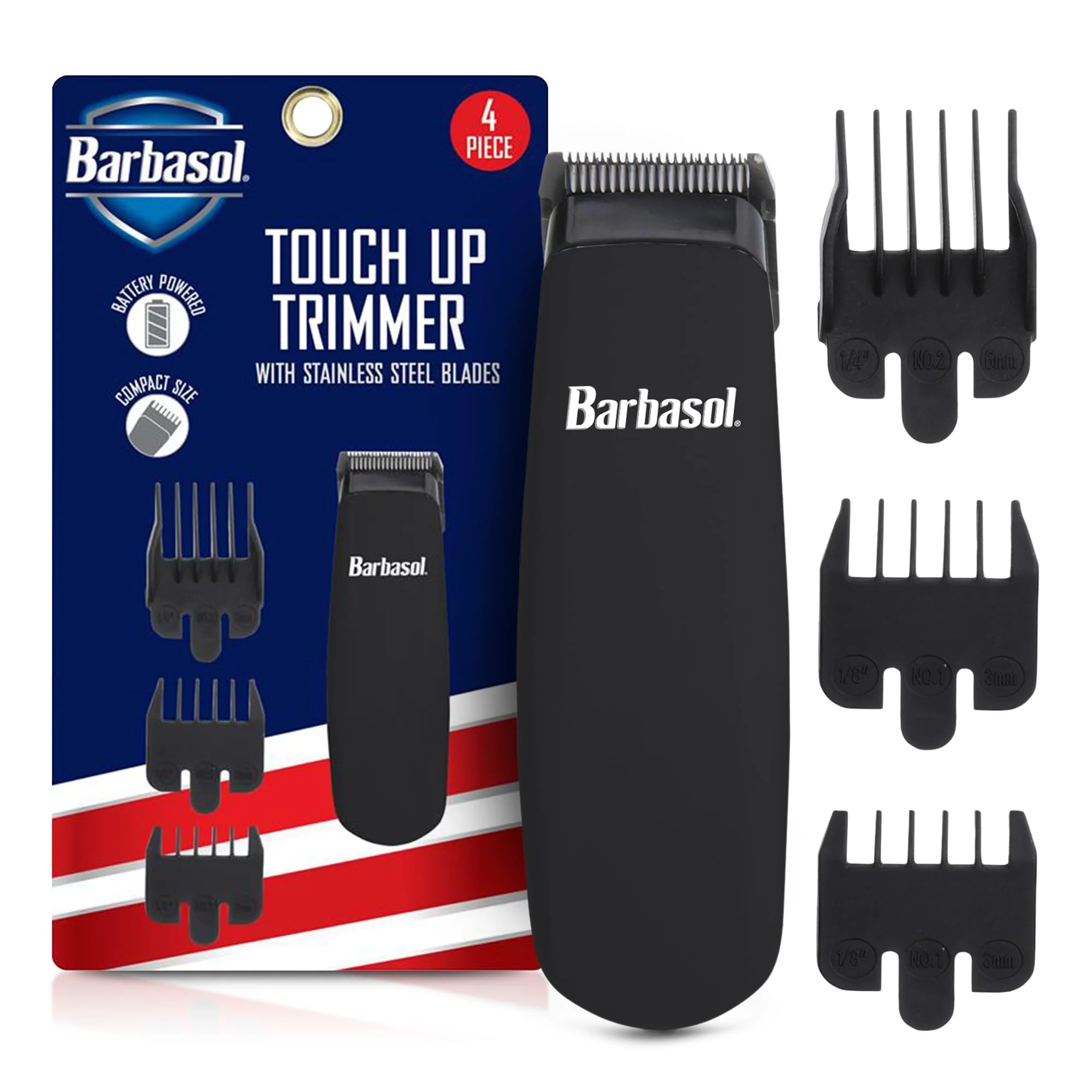 Image of Barbasol Touch Up Trimmer for Men, Compact Electric Xtreme Precision Beard and Hair Trimmer with Stainless Steel Blades & 3 Guide Combs (3, 6, 10mm), Wireless, AA Battery Powered (not Included)