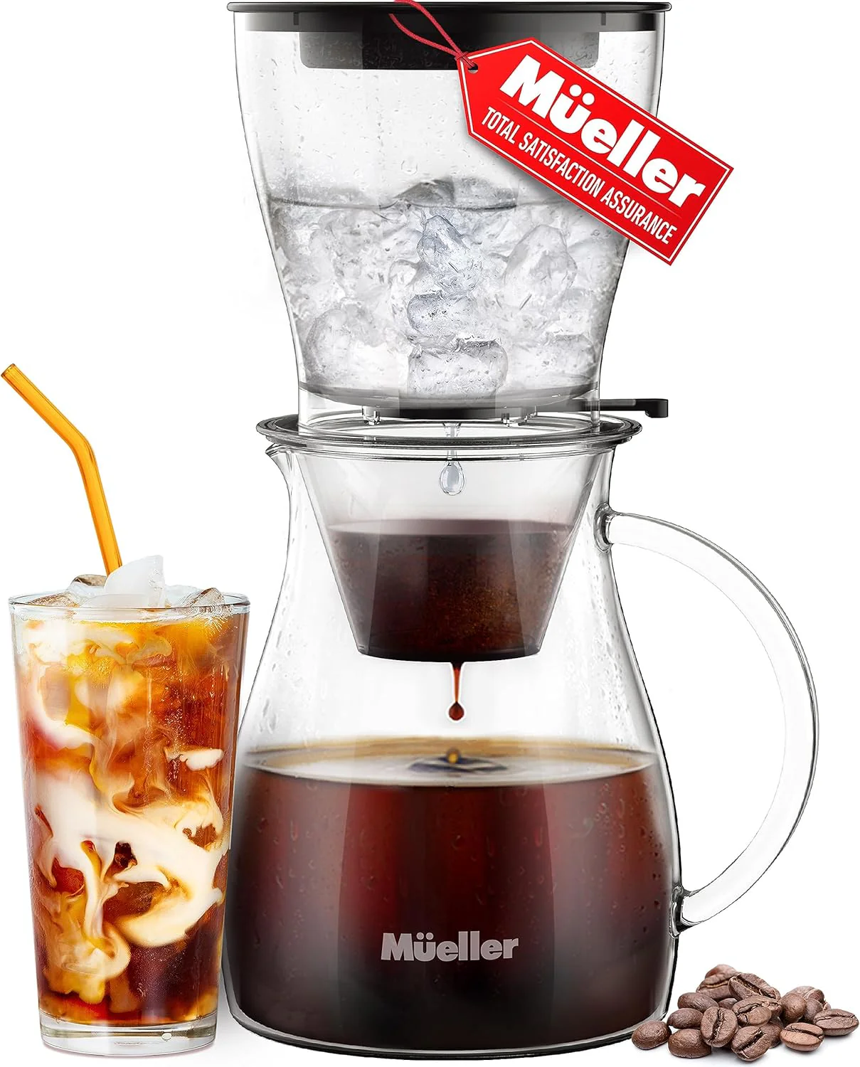 Image of Mueller QuickBrew Smooth Cold Brew Coffee and Tea Maker 47 oz, Dripper Iced Coffee Brewer Maker with Adjustable Water Flow, Stainless Steel Filter, Borosilicate Glass Carafe