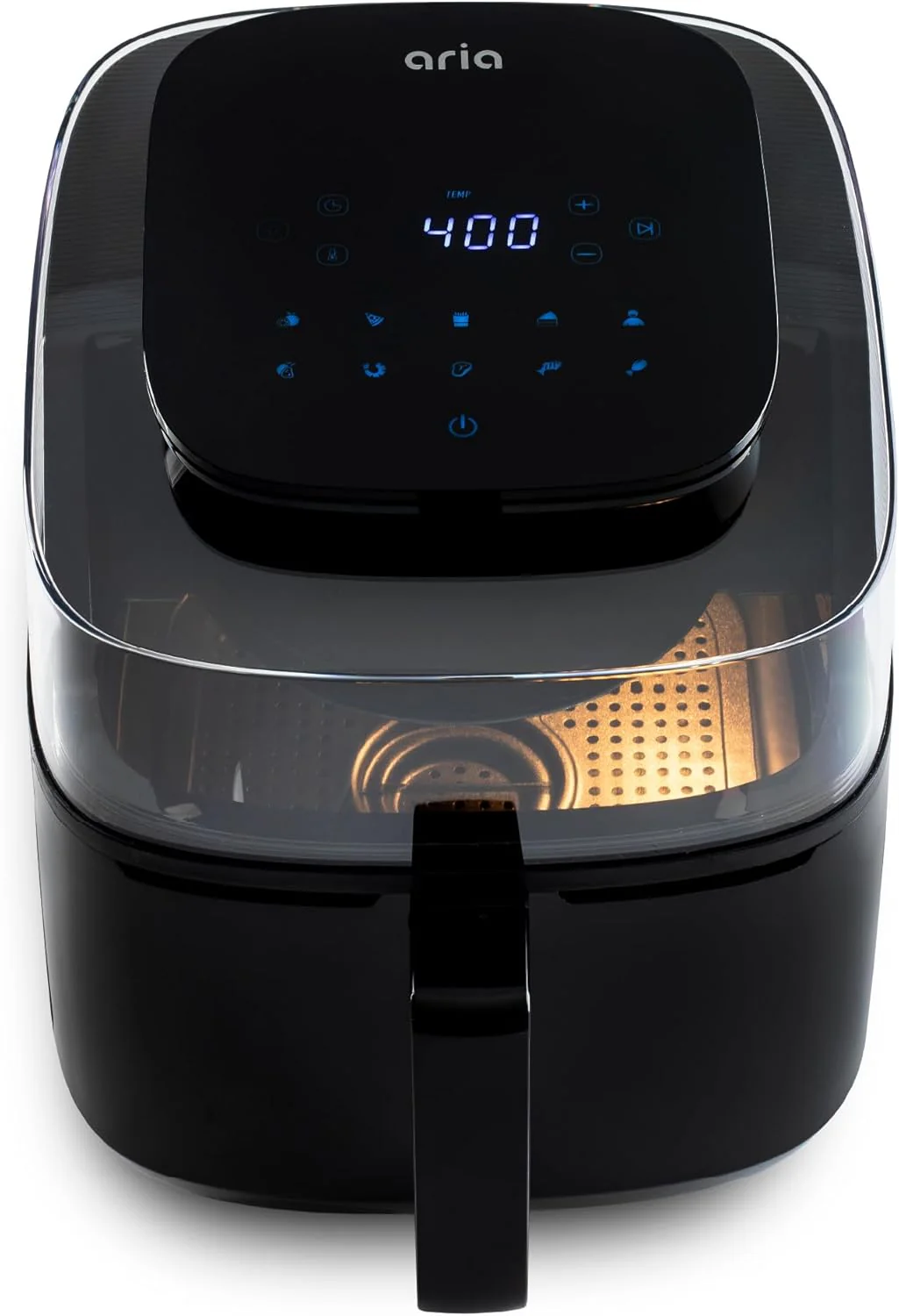 Image of Aria 6Qt Panoramic Air Fryer, 180-Degree All-Around View, Generous Cooking Capacity, Modern Touch Screen Interface, 10 Tailored Presets, and Dishwasher-Safe Basket.
