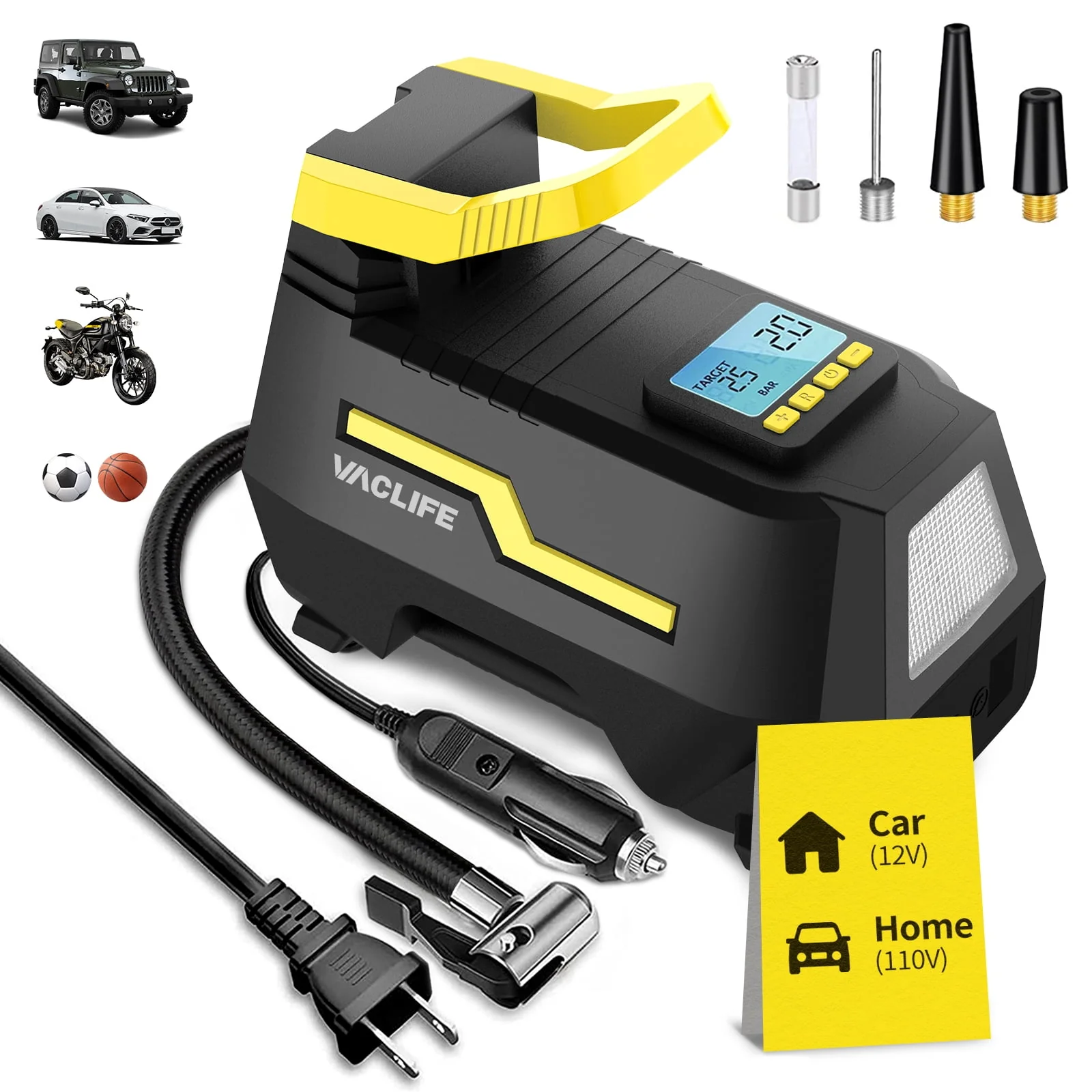 Image of VacLife AC/DC Tire Inflator – Portable Air Compressor Pump for Car & Home (12V/110V), Digital Display, LED Light – Yellow