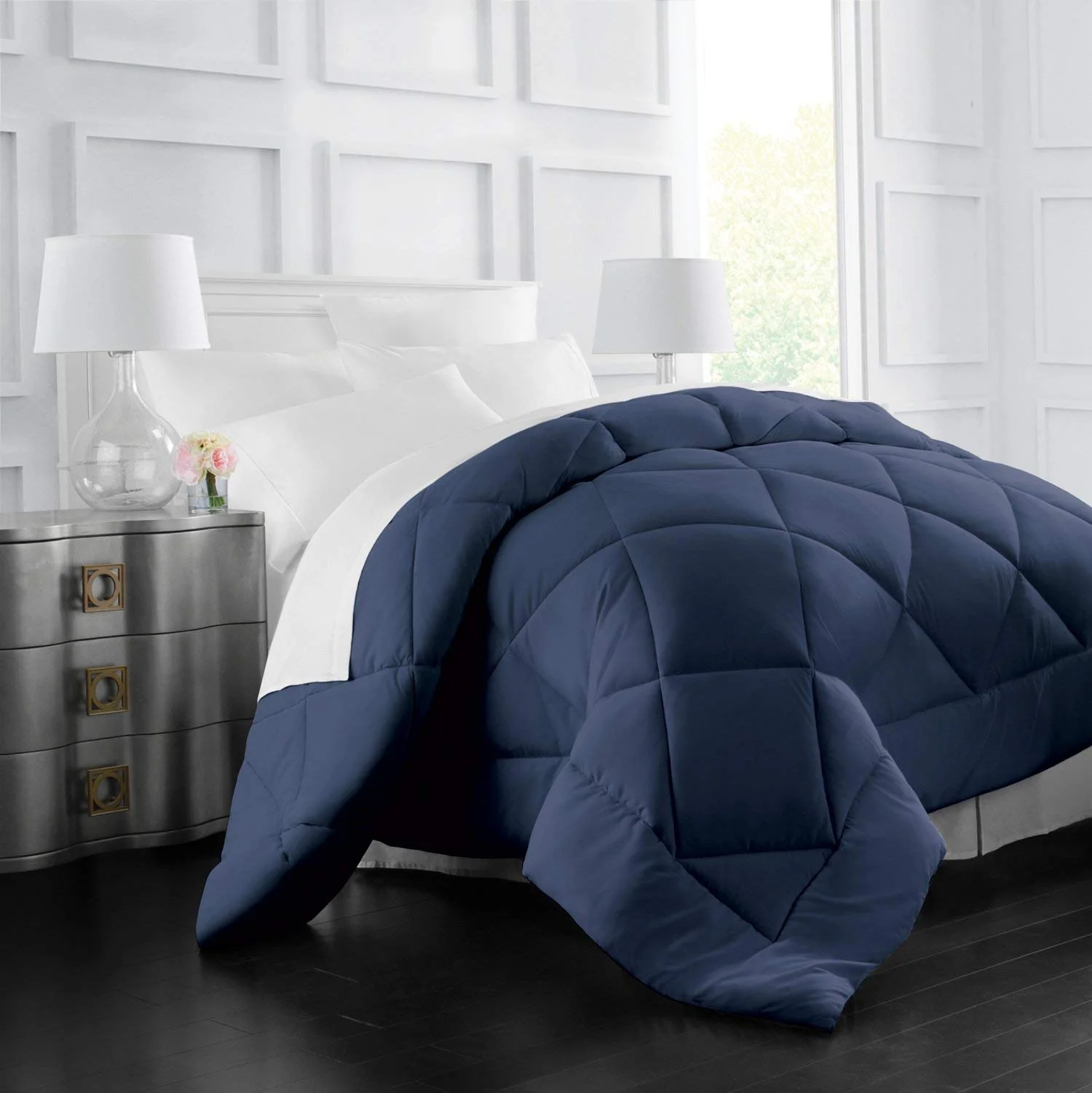 Image of Italian Luxury King/Cal King Comforter - 2100 Series Blanket, Down Alternative Insert w/ Corner Tabs - Home Bedding - 104"x98" Navy King/California King Navy