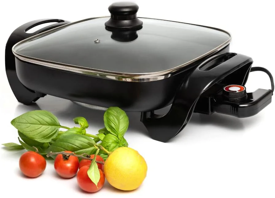 Image of Moss & Stone Square Nonstick Electric Skillet With Lid, Aluminum 12 Inch Electric Frying Pan, 2 Layers Of Non-Stick Coating, Adjustable Temperature Control, Lid With Steam Vent & Heat-Resistant Handle
