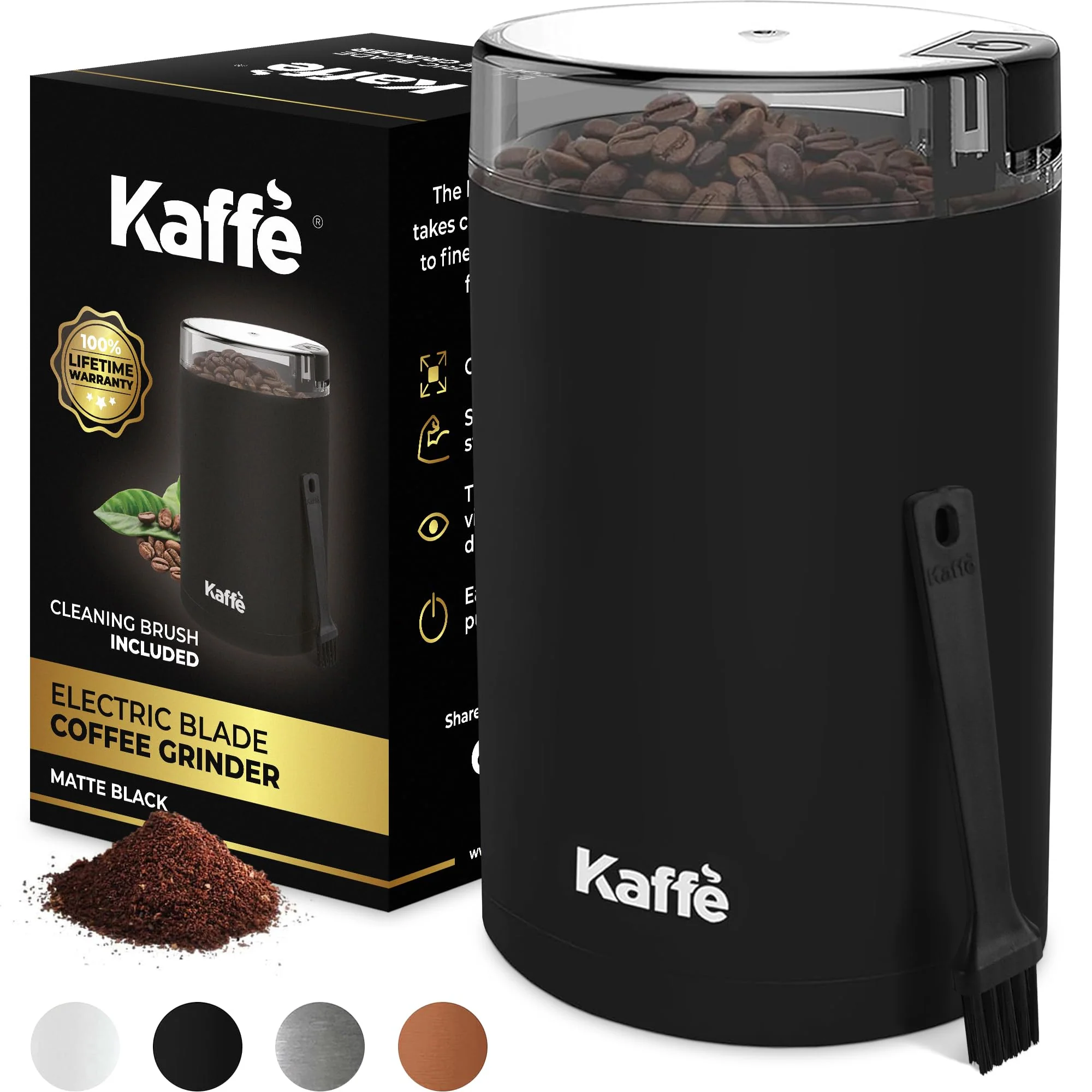 Image of Kaffe Coffee Grinder Electric (3.5oz/14 Cup) , Best Coffee Grinders Reduced Price w Free Cleaning Brush, Matte Black