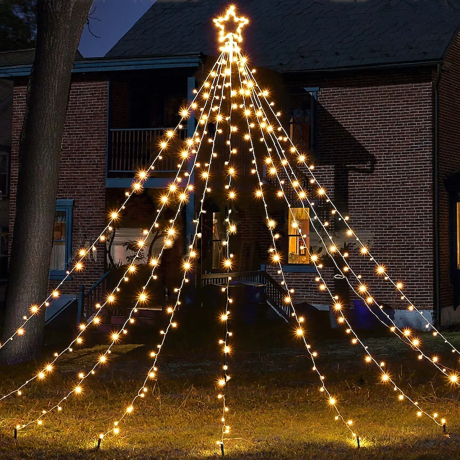 Image of Yescom 12 Ft Waterfall Cone Tree Light with 362 LED Star 9 Strings Christmas, Warm White