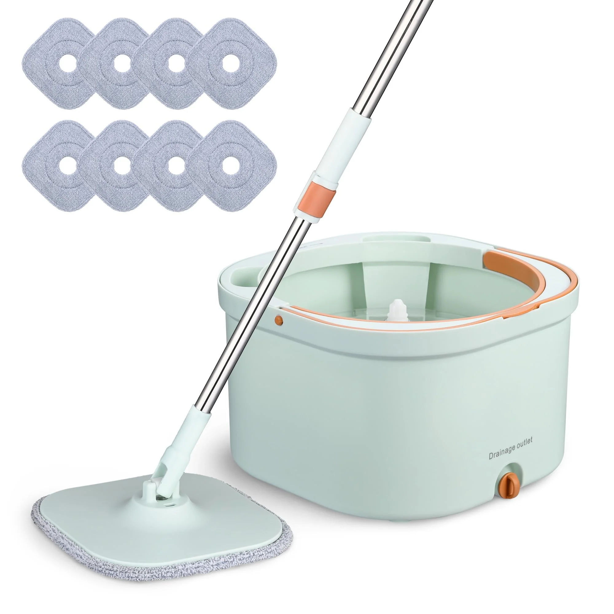 Image of Yescom Square 360 Spin Easy Mop and Bucket System 8 Microfiber Pads Set Self Separates Dirty and Clean Water Rotating Cleaning System Filtration Wringer for Hardwood, Marble, Tile Floor Green