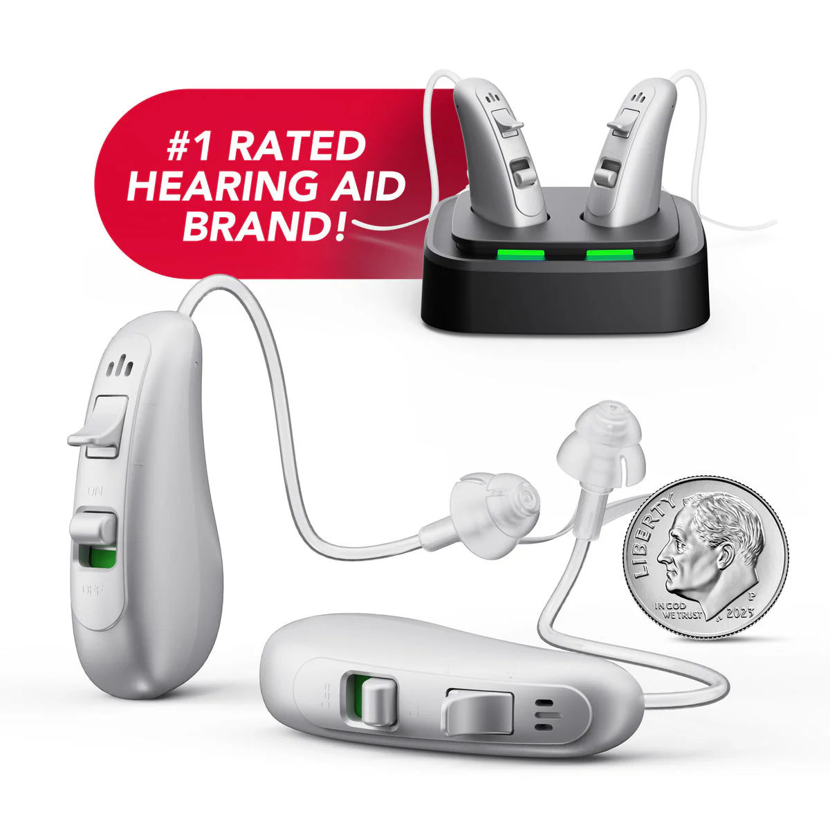 Image of RCA 2-PK OTC Behind-the-Ear Hearing Aid with Rechargeable Stand