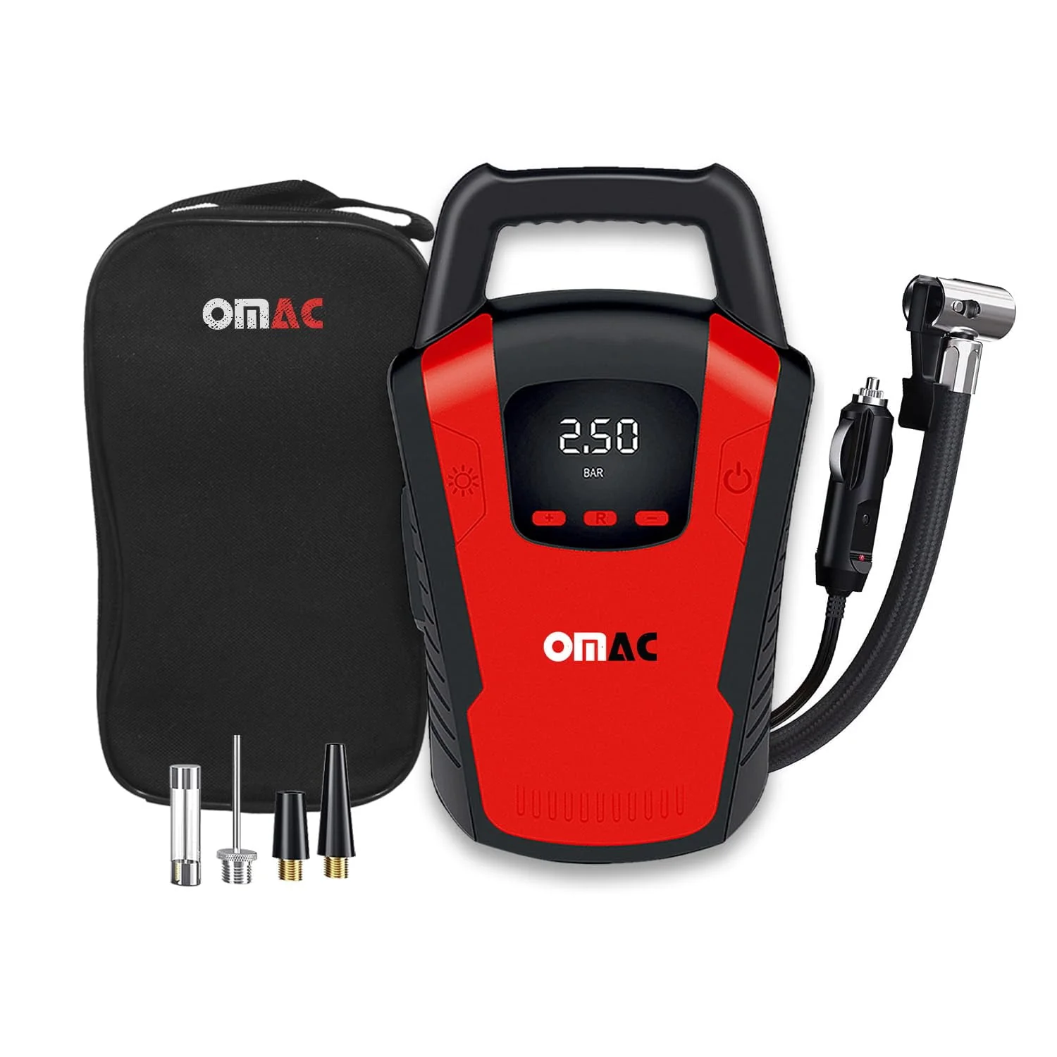 Image of OMAC Car Tire Pump, Cigarette Lighter Tire Inflator, 12V, Portable Air Compressor, Air Pump, Digital Pressure Gauge,150PSI, LED Light, Red