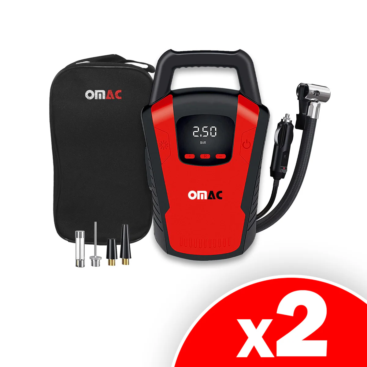 Image of OMAC Car Tire Pump, Cigarette Lighter Tire Inflator, 12V, Portable Air Compressor, Air Pump, Digital Pressure Gauge,150PSI, LED Light, Red, 2 Pack