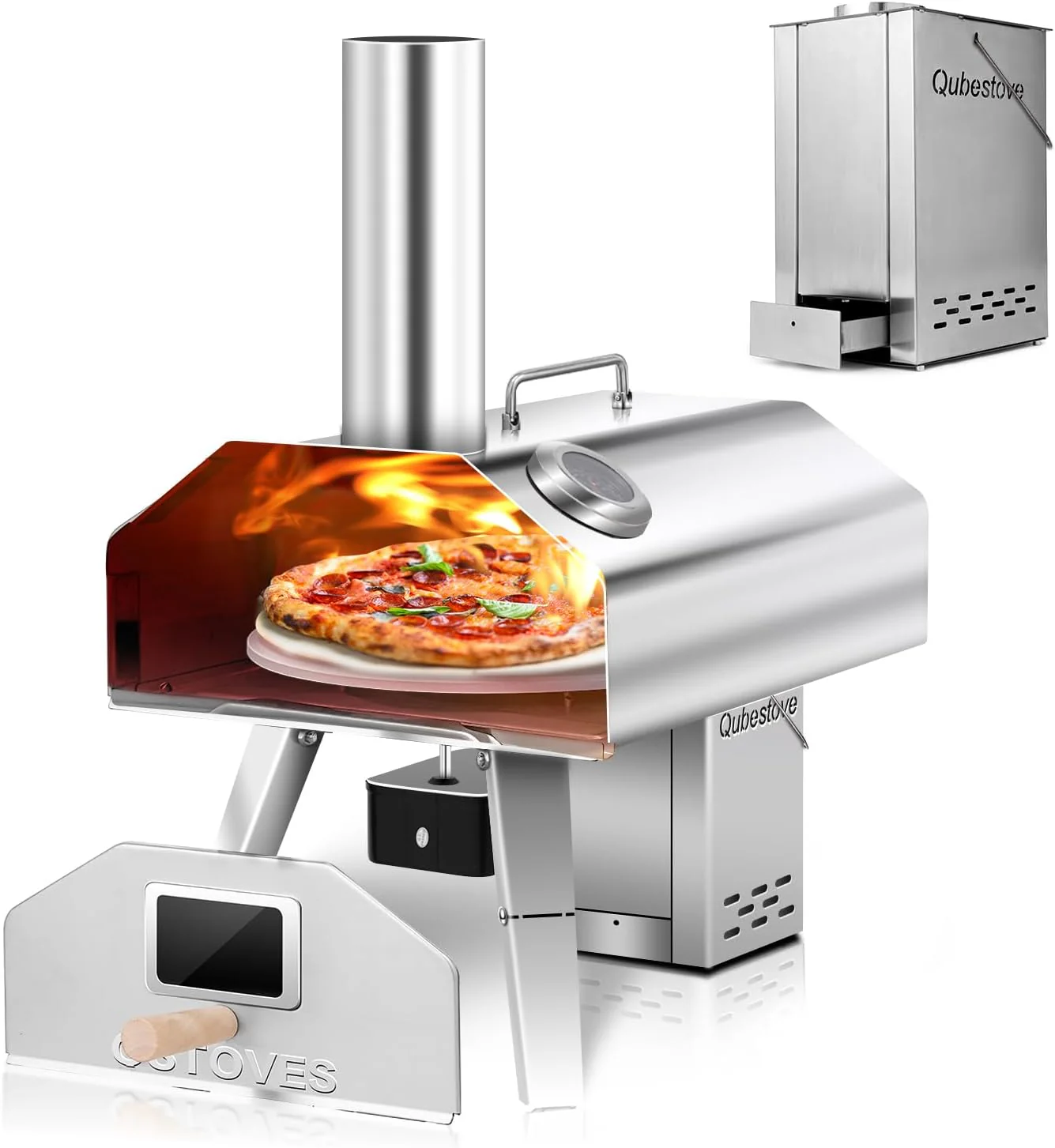 Image of 2-in-1 Outdoor Pizza Oven, 12" Wood Pellet Pizza Oven with AUTO ROTATING Pizza Stone, Portable, Removable Top as Torch Heater or Stove (New Item, Damaged Packaging)
