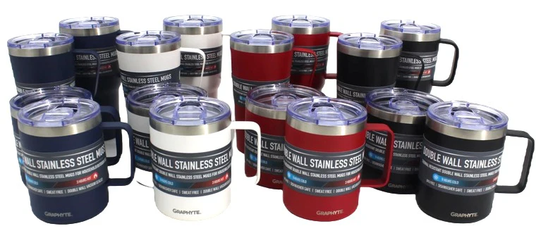 Image of GRAPHYTE Double Wall Vacuum Insulated Stainless Steel Mugs with Handle and Slider Lid, Assorted Colors and Sizes