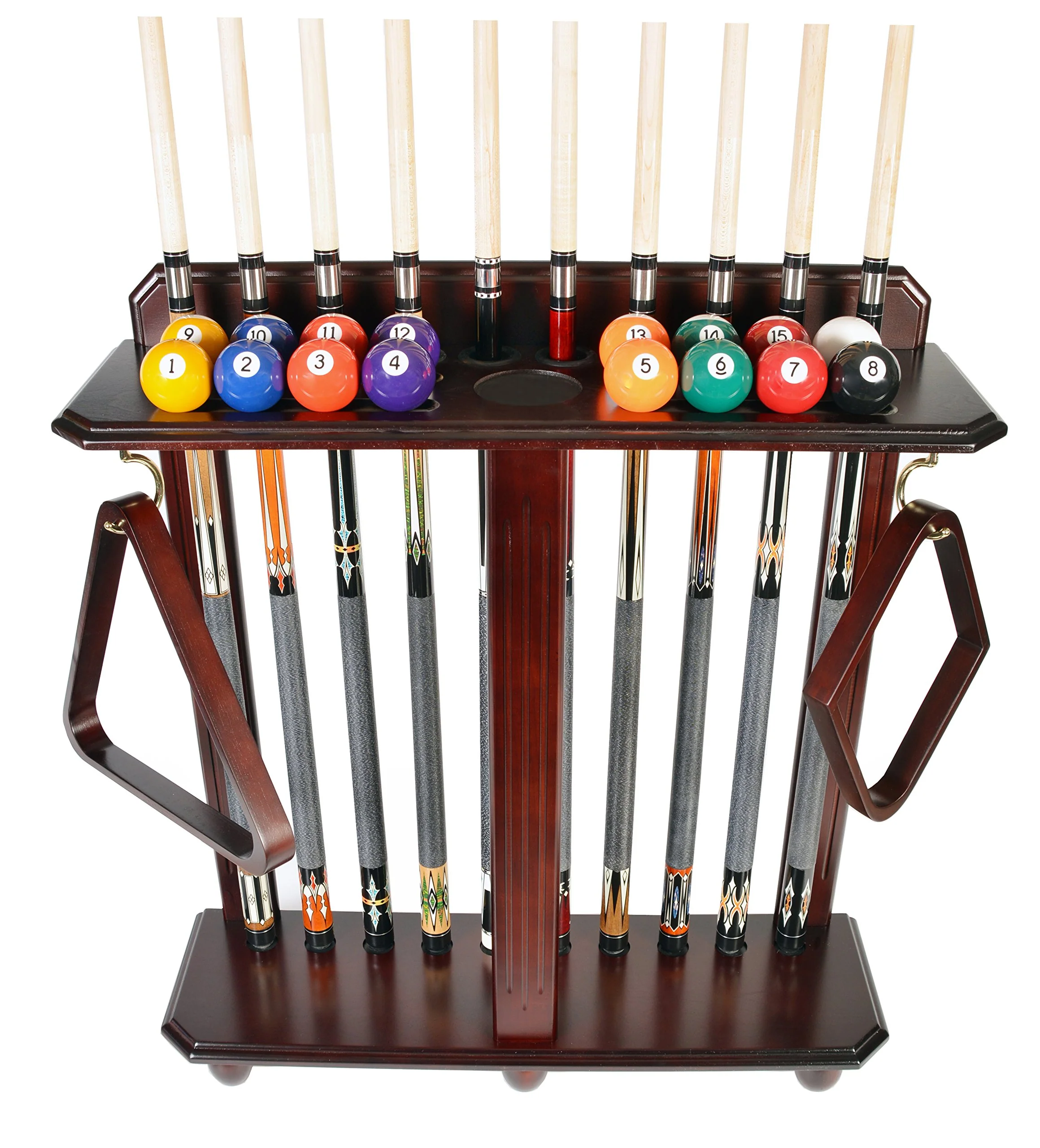 Image of ISZY Billiards Pool Stick Rack - Cue Rack Only - Wood Floor Stand Holds 10 Pool Sticks and a Full Set of Balls - Billiards Accessories - Mahogany