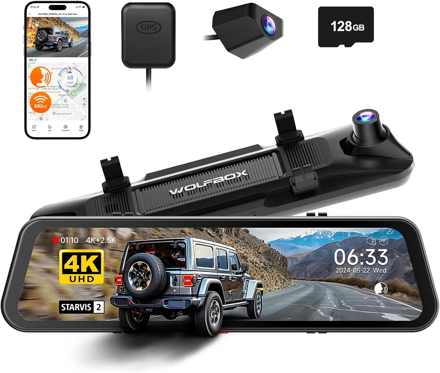 Image of WOLFBOX G900 Mirror Dash Cam with STARVIS 2 IMX678, 12 inches Rear View Mirror Camera with Front 4K and Rear 2.5K, Included 128GB Card, Voice Control, 5.8GHz WiFi, Loop Recording, G-Sensor & GPS