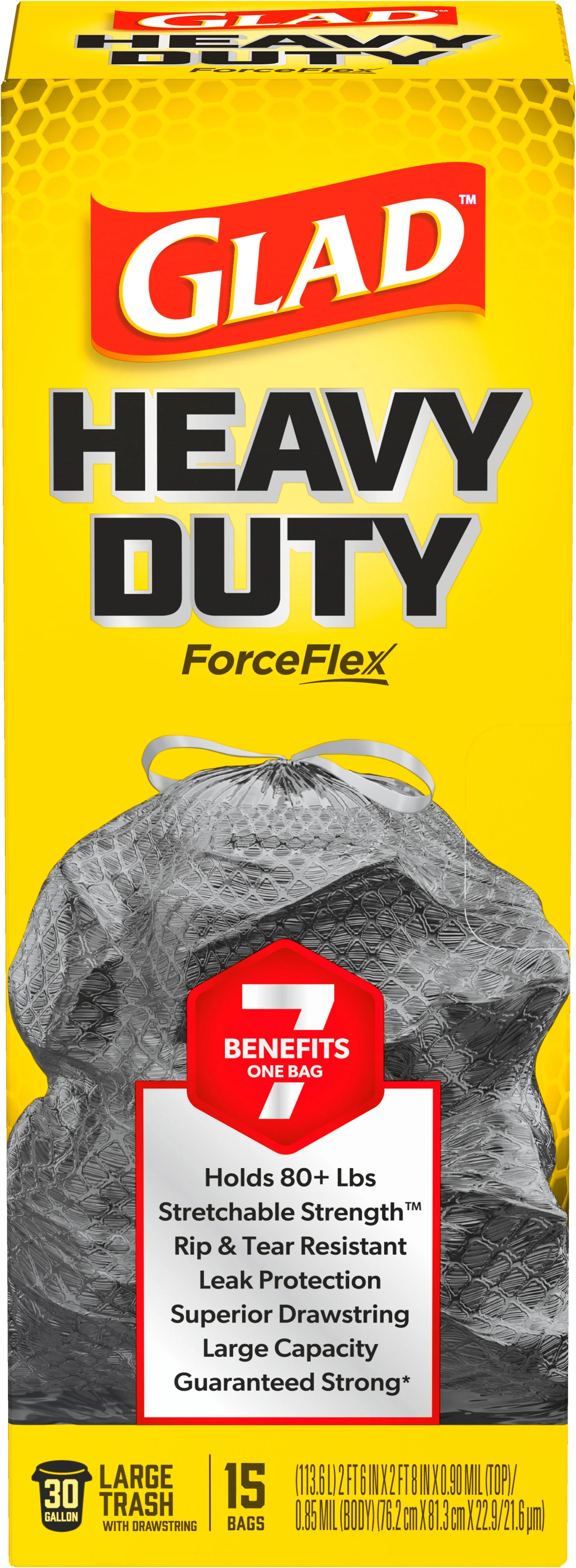 Image of Glad ForceFlex Heavy Duty Large Trash Bags, 30 Gallon Holds 80+ lb., 6 Packs of 15 (90 total bags)