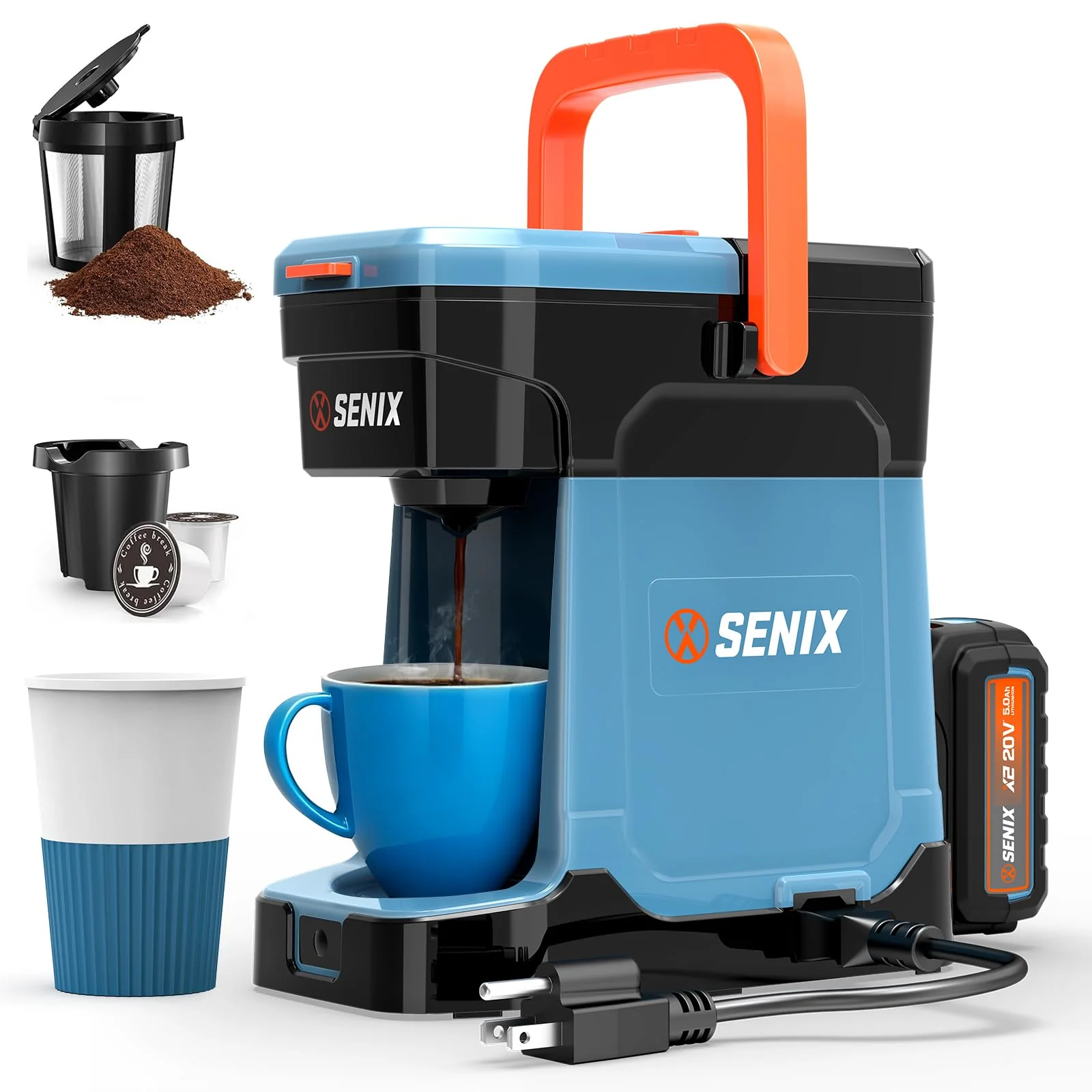 Image of SENIX Single Serve Coffee Maker, Plug-in & Battery Coffee Machine, 8oz, Compatible with K-Cup, Grounds, Pods for Travel, Camping, Outdoor, Home, Job Sites  Includes Battery & Charger