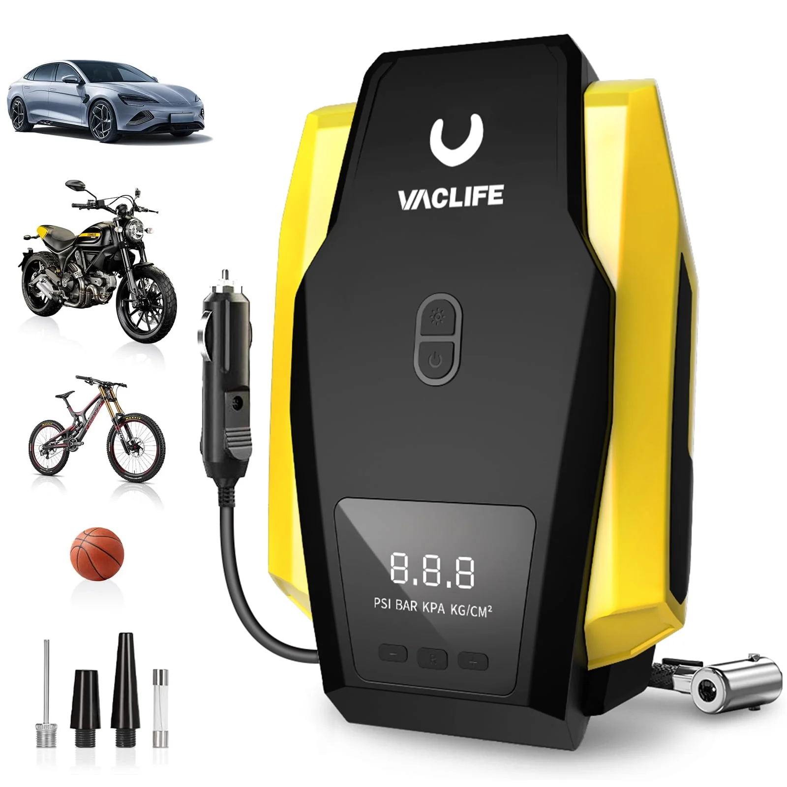 Image of Tire Inflator Portable Air Compressor, DC 12V Auto Digital Air Pump with LED Light & 4 Accessories for Car Tires, Bicycles and Other Inflatables, Yellow