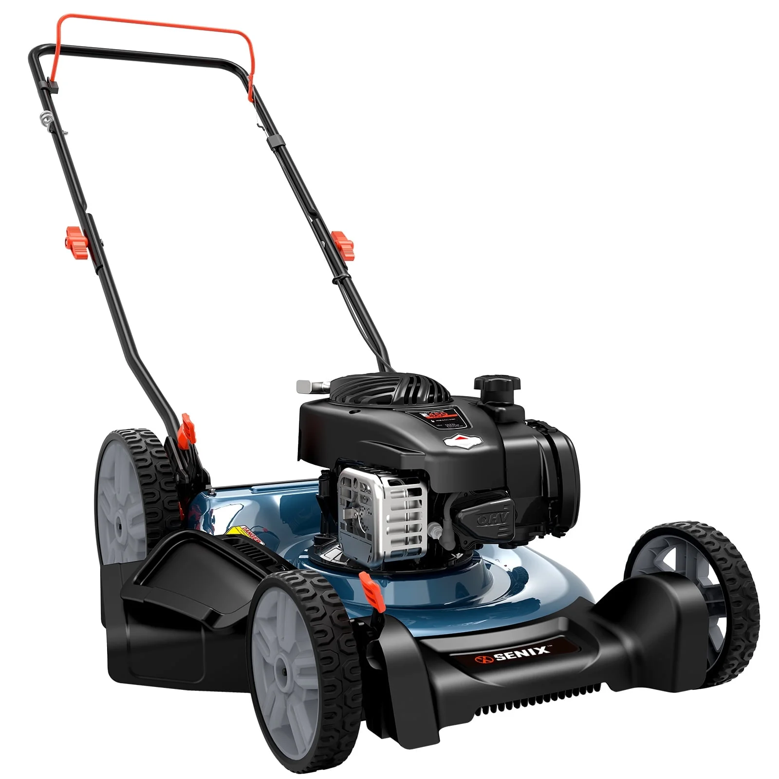 Image of SENIX LSPG-M4 21-Inch Gas Push Lawn Mower with 125 cc 4-Cycle Briggs & Stratton Engine, Mulching and Side Discharge, 6-Position Dual Lever Height Adjustment 2-in-1 Push 11-Inch Rear Wheels