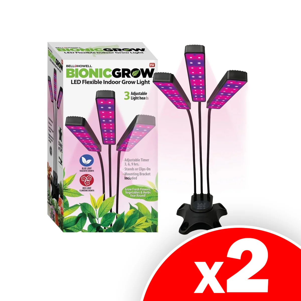 Image of Bell+Howell Bionic Grow Light for Indoor Plants, 3 Heads Flexible Growing Lamp with 8 Brightness Settings, 3 Light Modes, 2 Pack