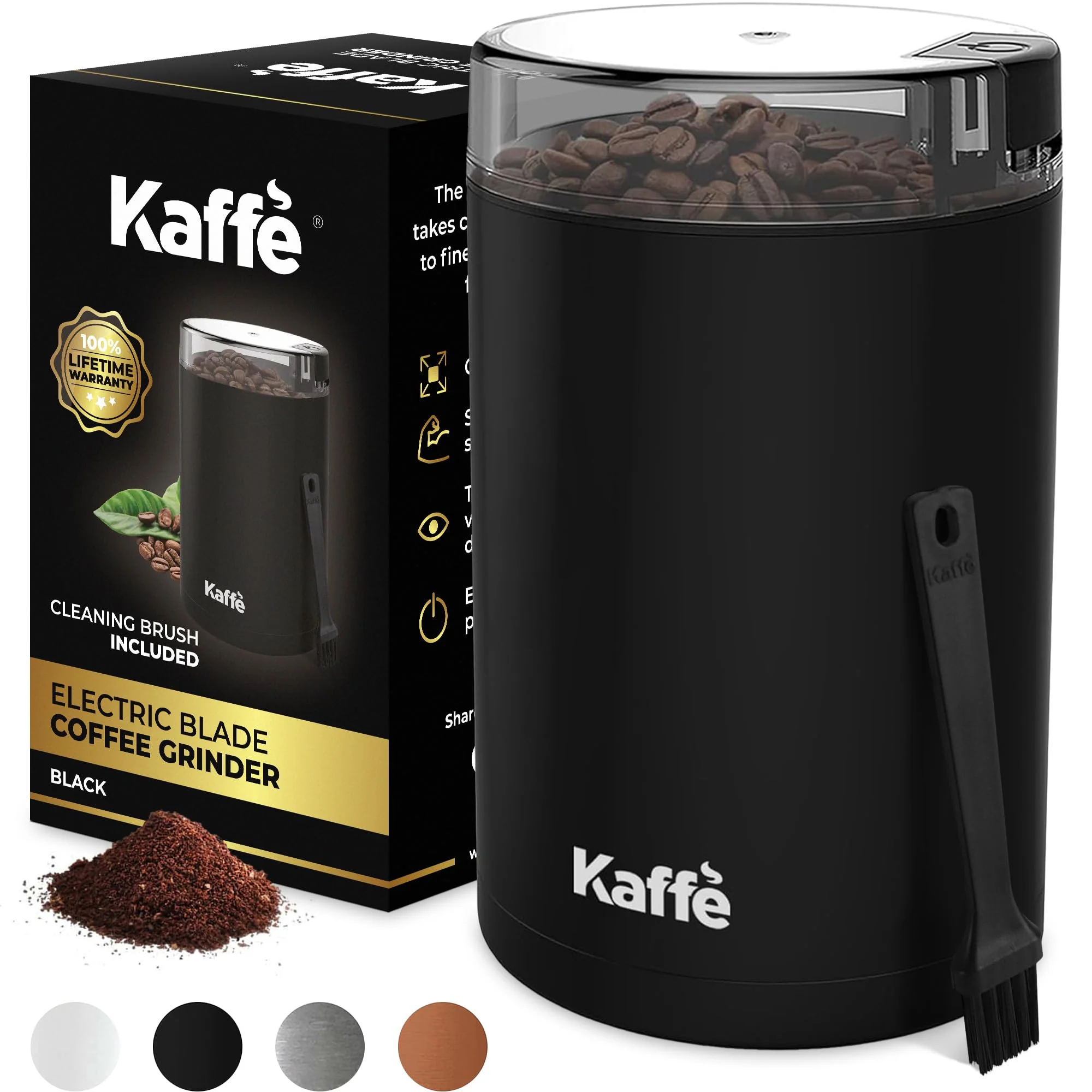 Image of Kaffe One-Touch Coffee Grinder Electric w/Cleaning Brush (3 oz) - Coffee Grinders for Home Use - Up to 12 Cups of Coffee per Grind - Easy On/Off Coffee Bean Grinder - Black Blade Grinder - 3oz Black
