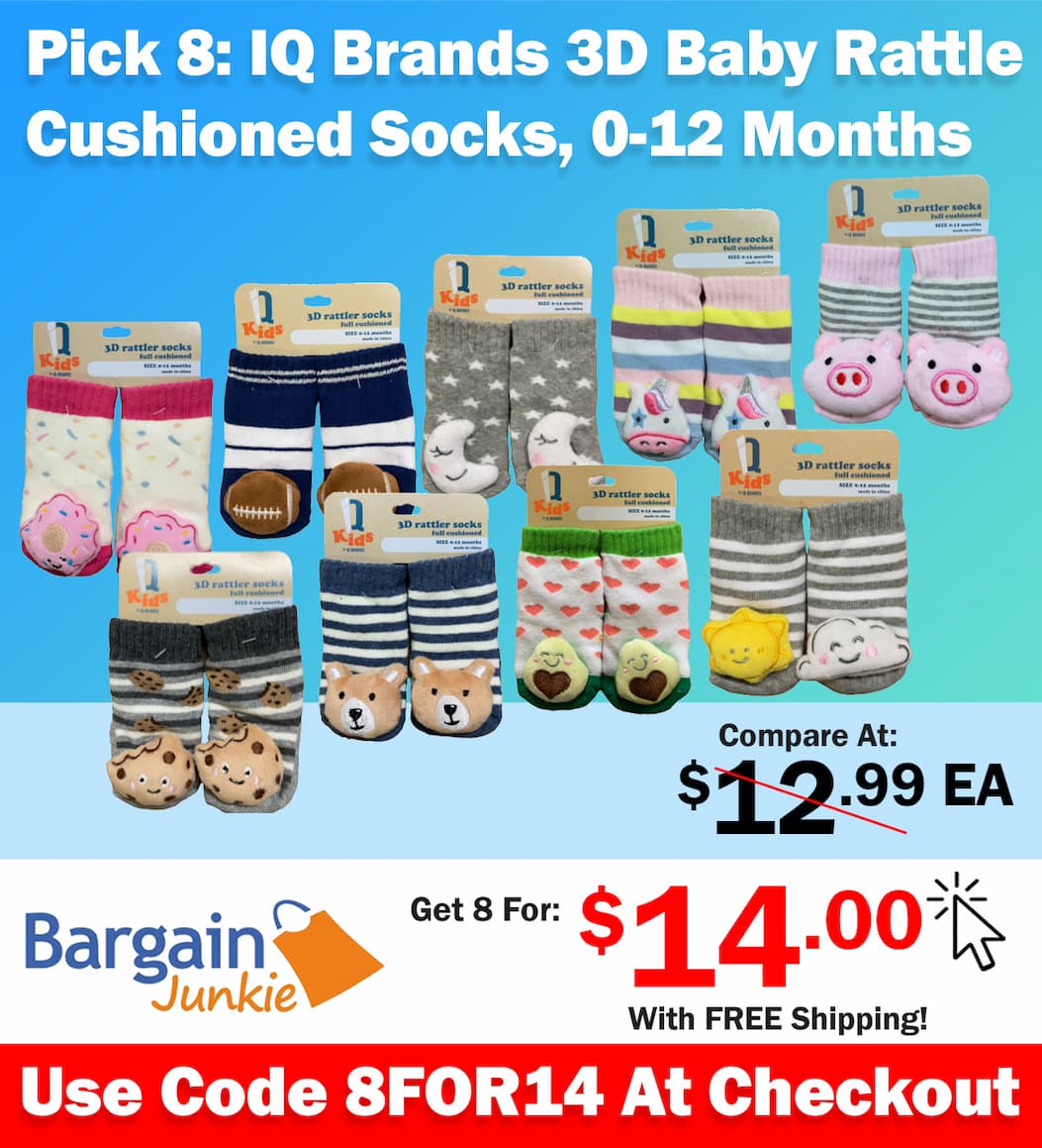 https://www.bargainjunkie.com/discount/8for14?redirect=%2Fproducts%2Fiq-brands-3d-baby-rattle-socks-full-cushioned-0-12-months