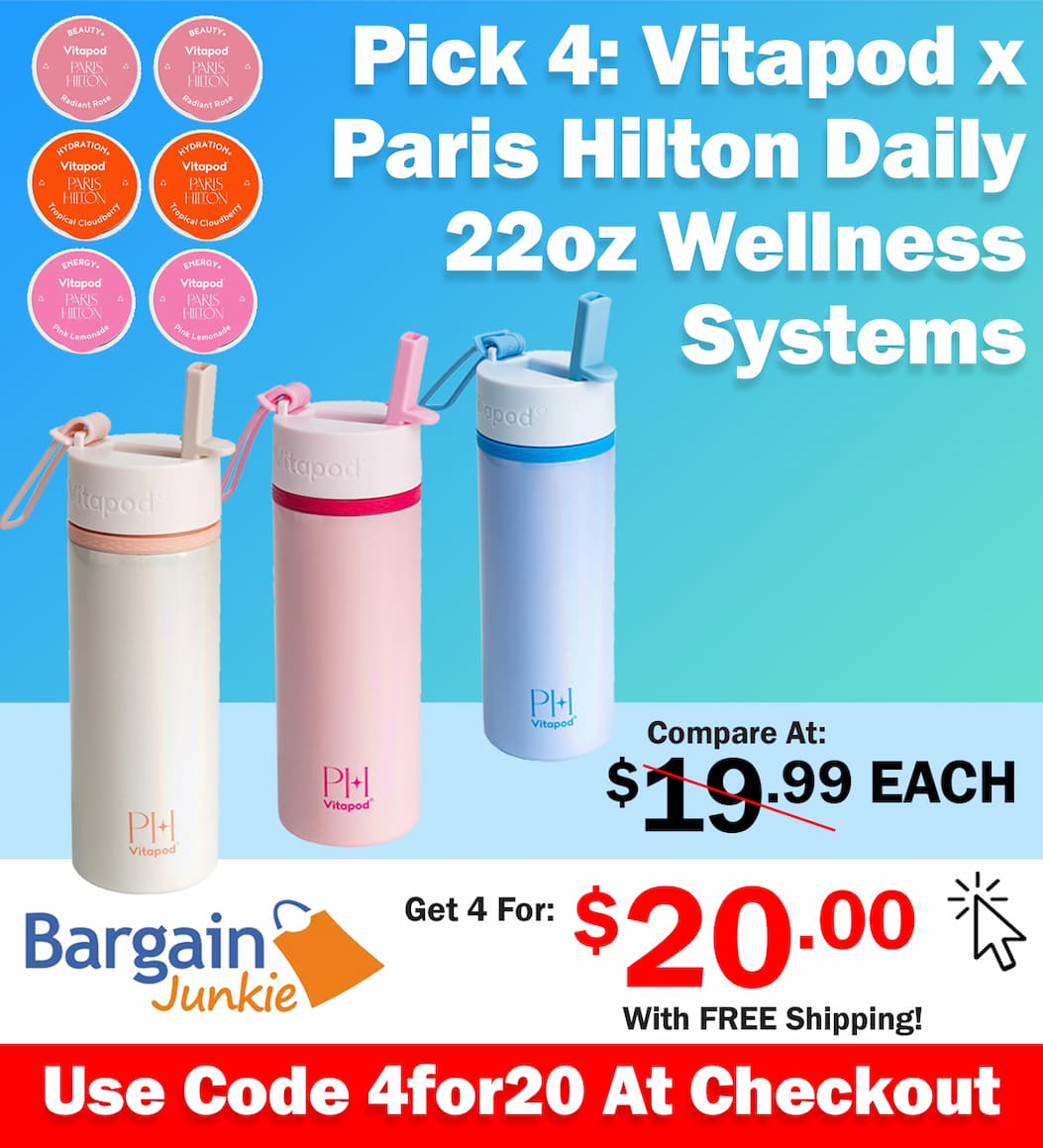 https://www.bargainjunkie.com/discount/4for20?redirect=%2Fproducts%2Fvitapod-paris-hilton-x-daily-wellness-system-22oz-pearlescent-water-bottle-in-champagne-kiss-6-drink-mix-pod-sampler-includes-beauty-hydration-and-energy-functional-drink-mix-pods