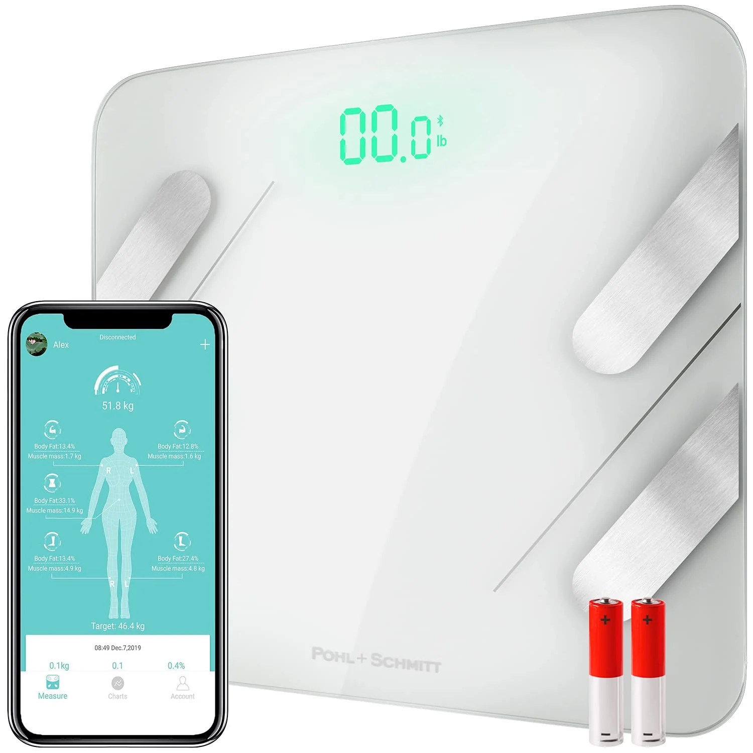 Image of Pohl Schmitt Weight Scales for Body Weight Fat, Smart Digital Scale Tracks 13 Key Compositions, 8mm-Thick Glass, Syncs with All Phones, 400 lbs