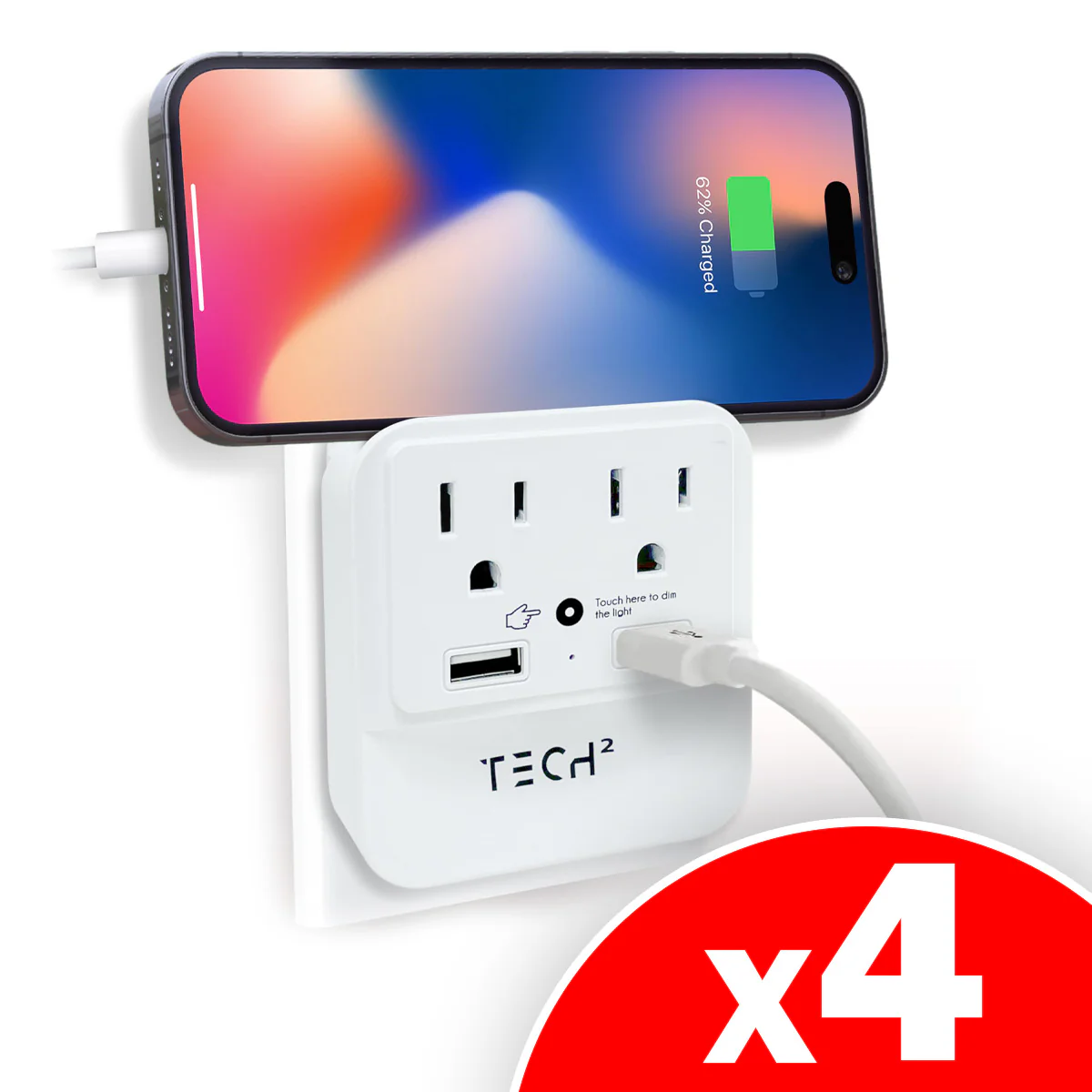 Image of TECH Multi Plug Wall Outlet Surge Protector with USB Ports & Night Light, 4-Pack