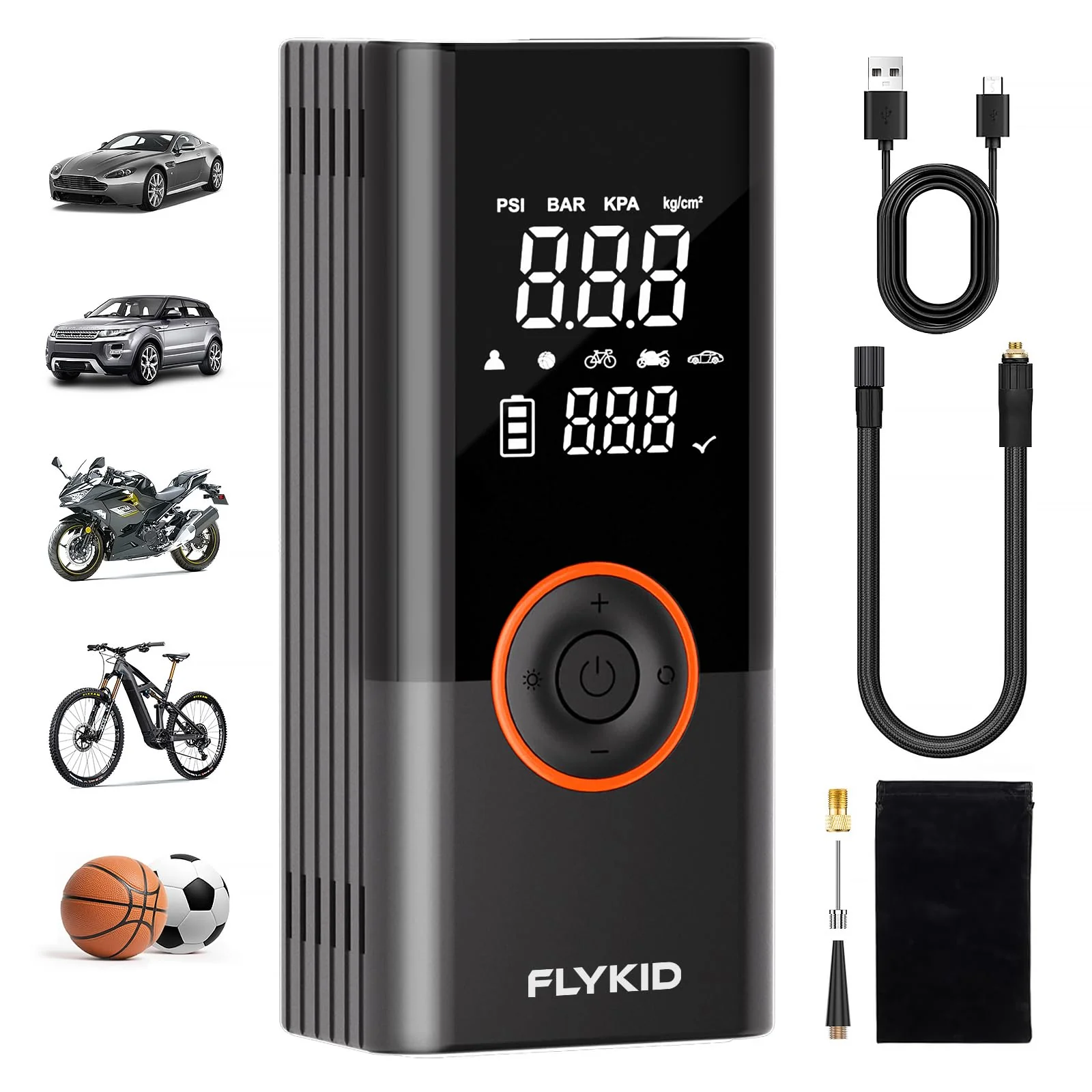 Image of FLYKID Tire Inflator Portable Air Compressor - 150PSI Digital Air Pump for Car Tires, LED Light, Rechargeable Battery