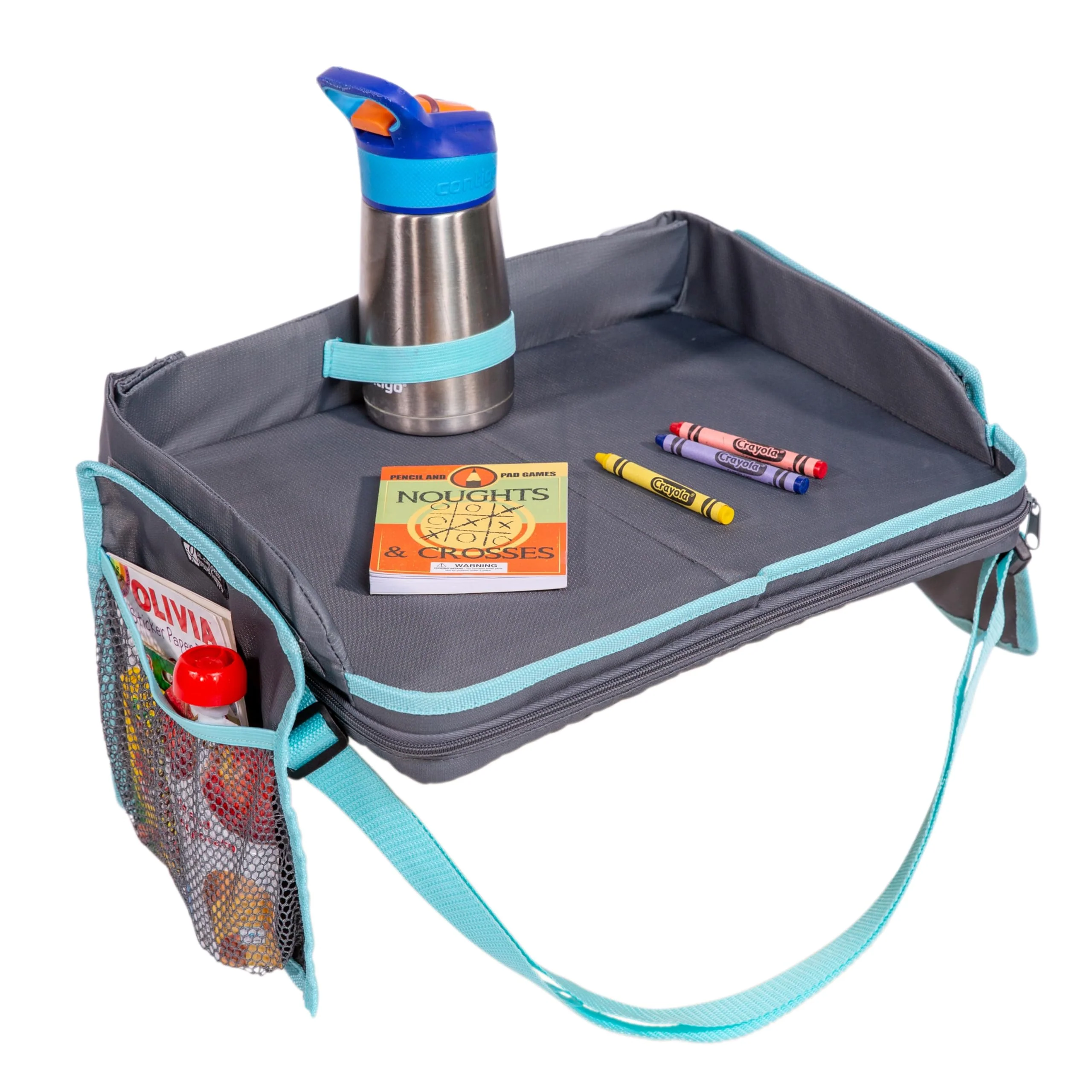 Image of J.L. Childress 3-in-1 Travel Tray & iPad Tablet Holder - Car Seat Lap Tray for Toddlers, Kids - Use on Airplanes, Road Trips, Lap Desk - Tablet Holder and Carry Bag - Grey/Teal