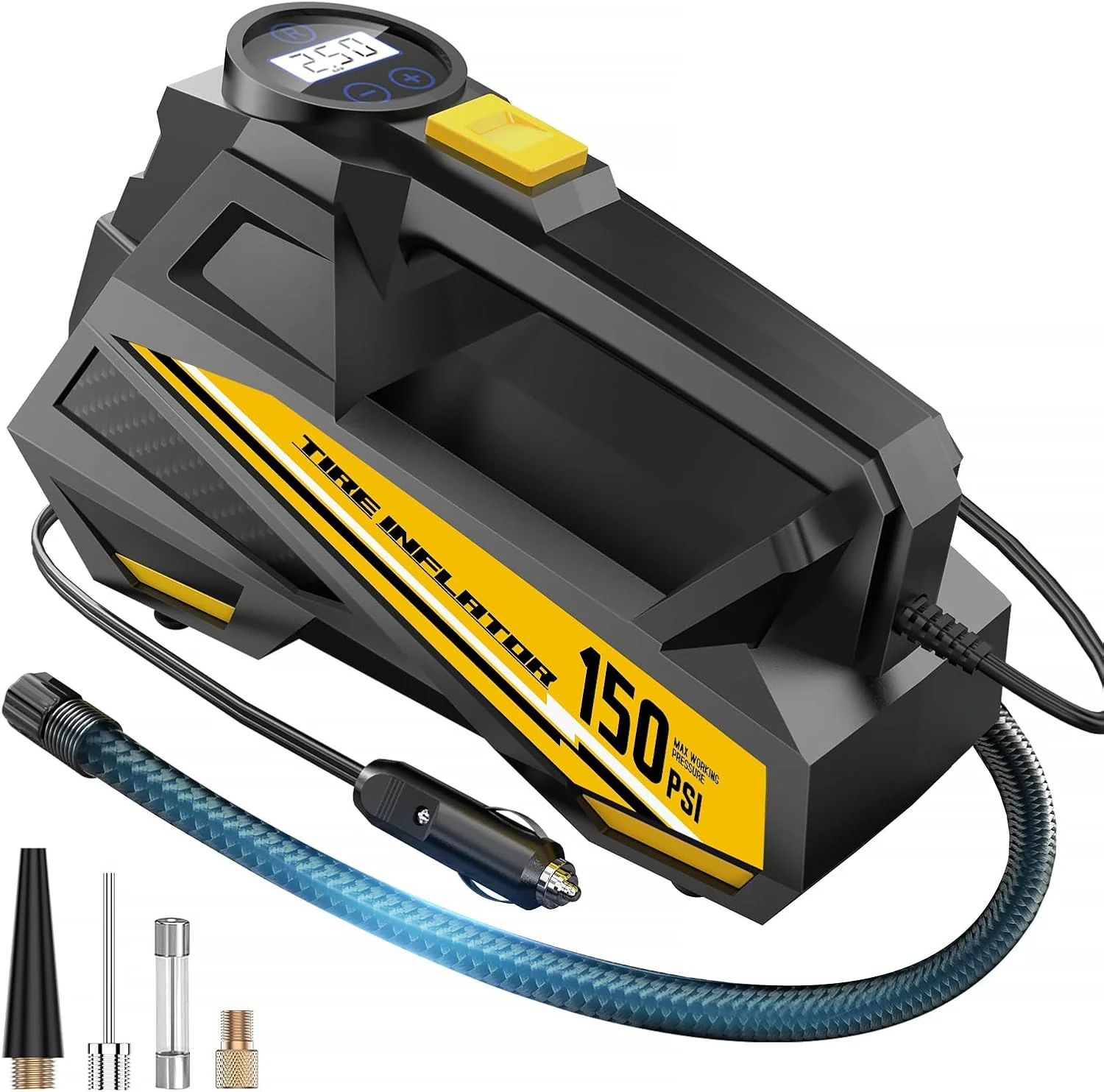 Image of FLYKID Tyre Inflator Air Compressor 12V DC - Car Tyre Pump 150 PSI with 3 Nozzle Adaptors & LED Emergency Light for Cars, Bicycles & Sports Equipment Preset Tire Pressure & Auto Shutoff