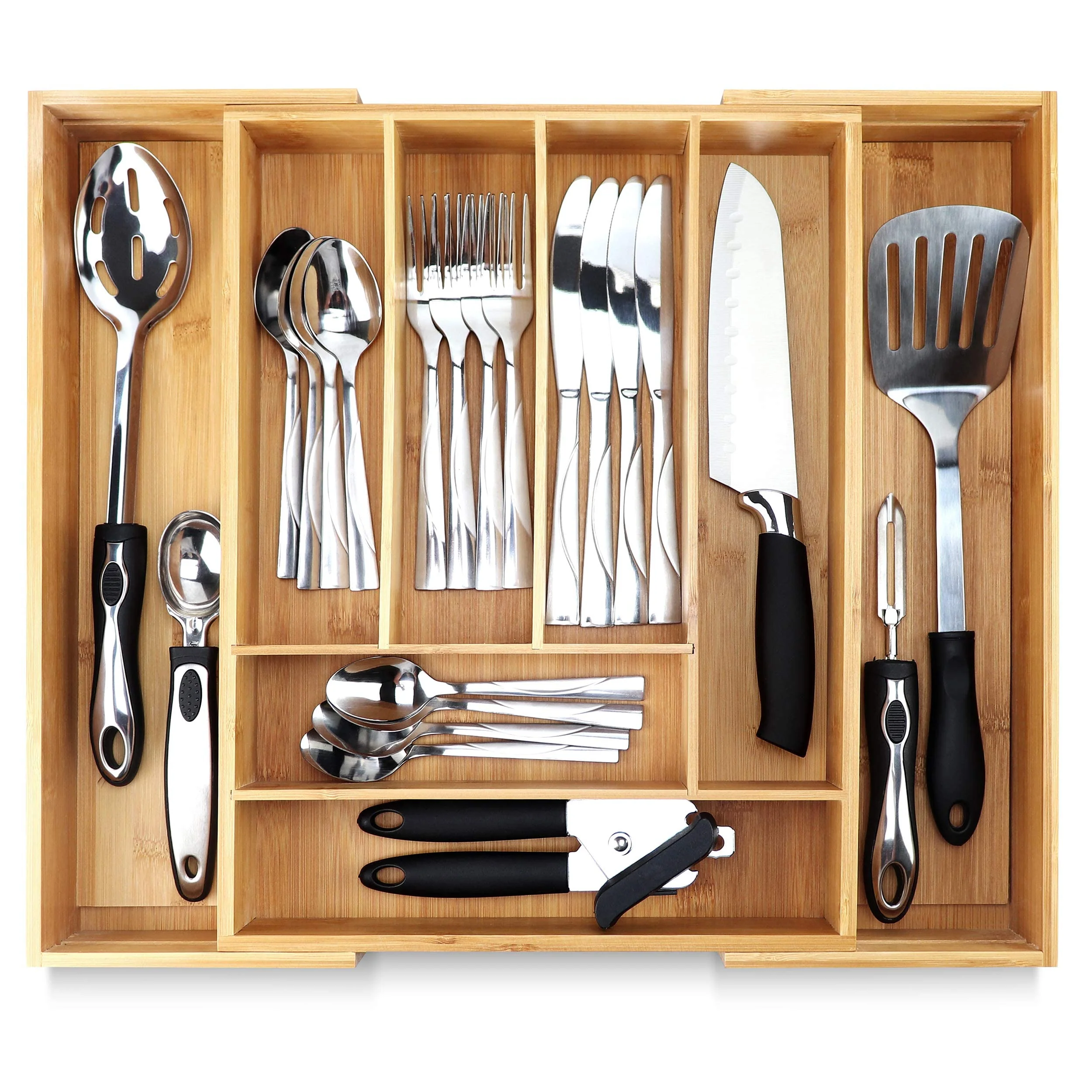 Image of Pristine Bamboo Silverware Tray for Drawer Organizer, Kitchen Drawer Organizer, Cutlery Organizer in Drawer, Flatware Silverware Holder, Expandable Adjustable Wooden Dividers, Natural, 8-Slots