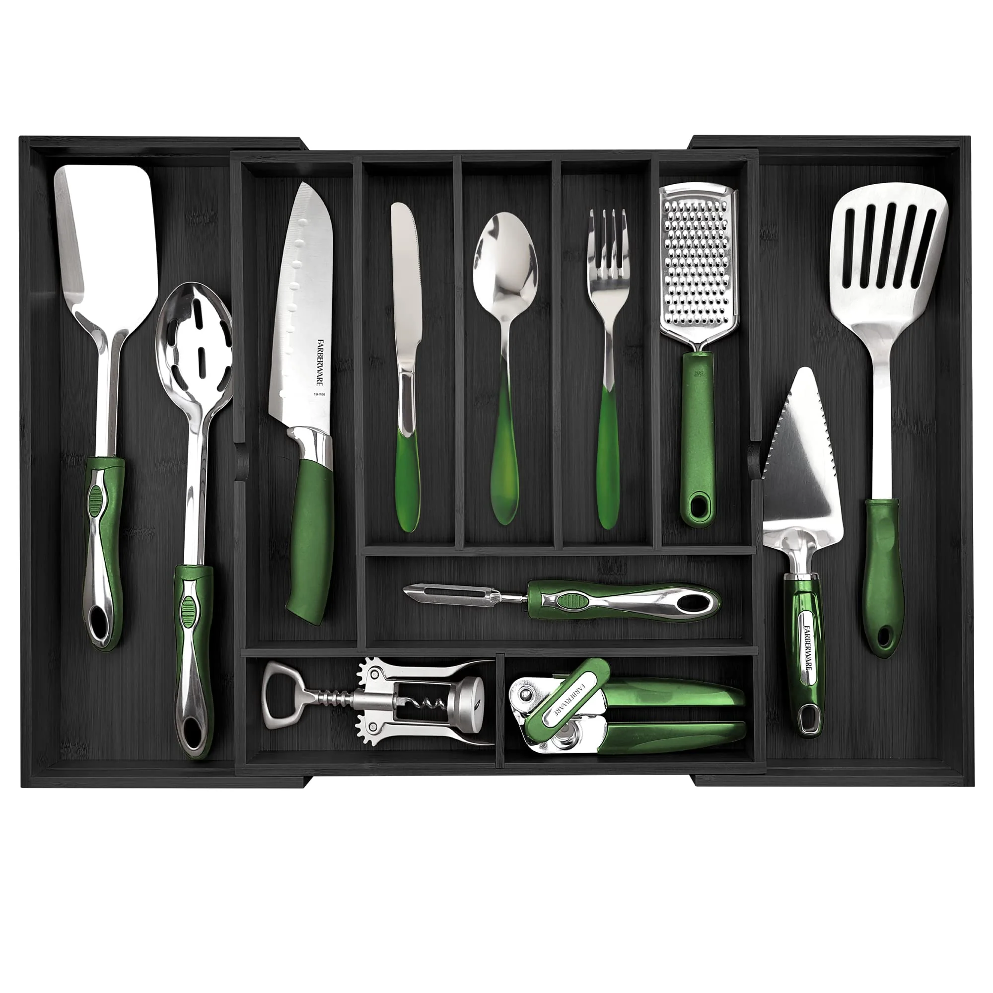 Image of Pristine Bamboo Silverware Organizer - Expandable Kitchen Drawer Organizer - Adjustable Kitchen Drawer Organizer for Utensils, Expandable to 25 Inches Wide, 10 Slots - Black