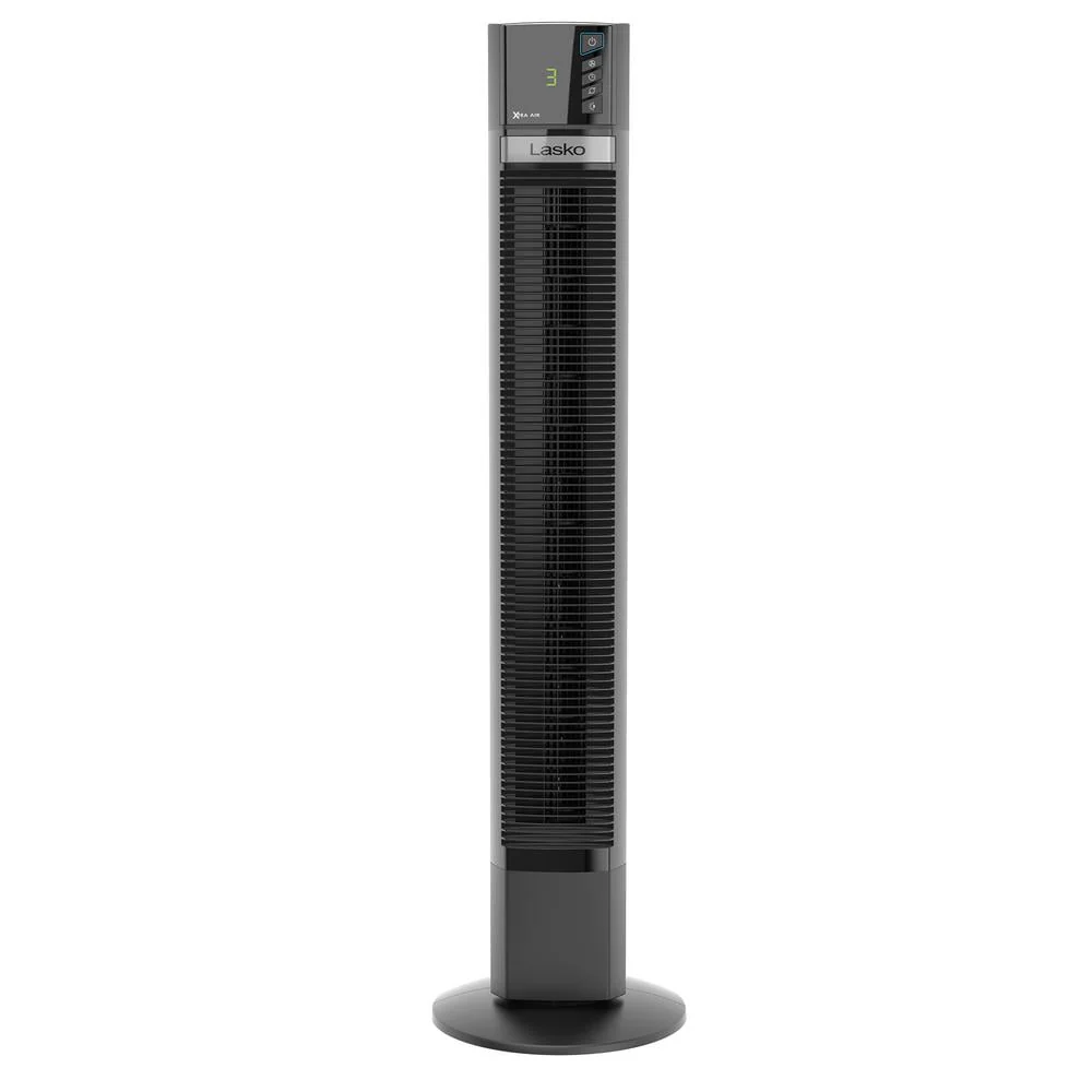 Image of Lasko 48 in. Xtra Air 4-Speed Tower Fan in Black with Carry Handle, Oscillating, Remote Control, Nighttime Setting, Timer