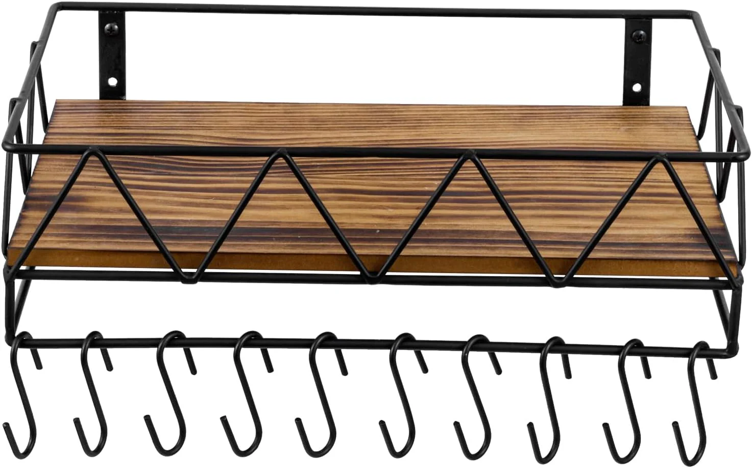 Image of MyGift Hat Rack Wall Mounted, Baseball Caps Holder Organizer, Cowboy Hat Storage Shelf with 10 Removable Hanger Hooks, Rustic Burnt Solid Wood and Matte Black Metal, Entryway Bedroom