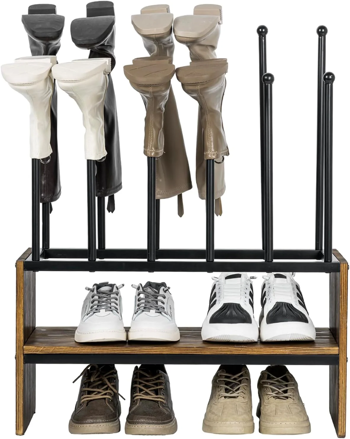 Image of MyGift 2-Tier Boot and Shoe Rack, Urban Industrial Style Burnt Solid Wood and Matte Black Metal Freestanding Boots Holder Entryway Storage Organizer Bench