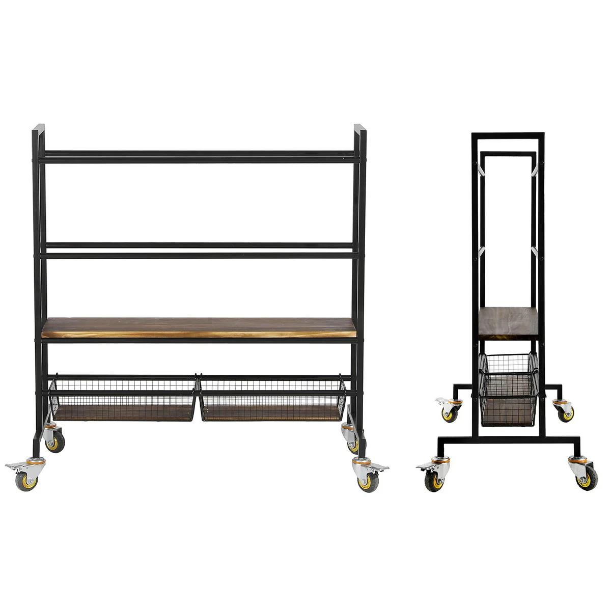 Image of MyGift 4-Tier Heavy Duty Sports Equipment Rolling Rack. This versatile black metal and burnt wood storage cart features ball racks, wire baskets for accessories, and a solid wood shelf for shoes or water bottles.