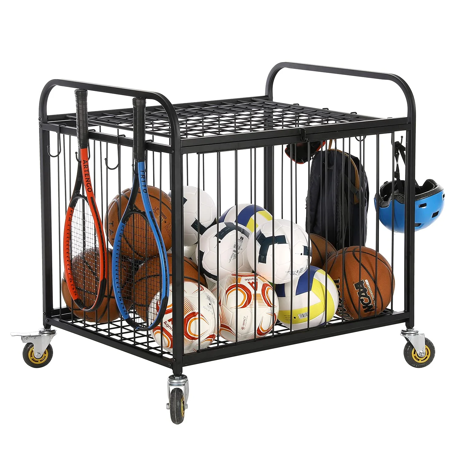 Image of MyGift Large Capacity Metal Rolling Multi Sports Ball Cage Storage Hopper, Gym Equipment Basket Cart with Lockable Latch, Heavy Duty Caster Wheels, and 8 Accessory Hooks Black